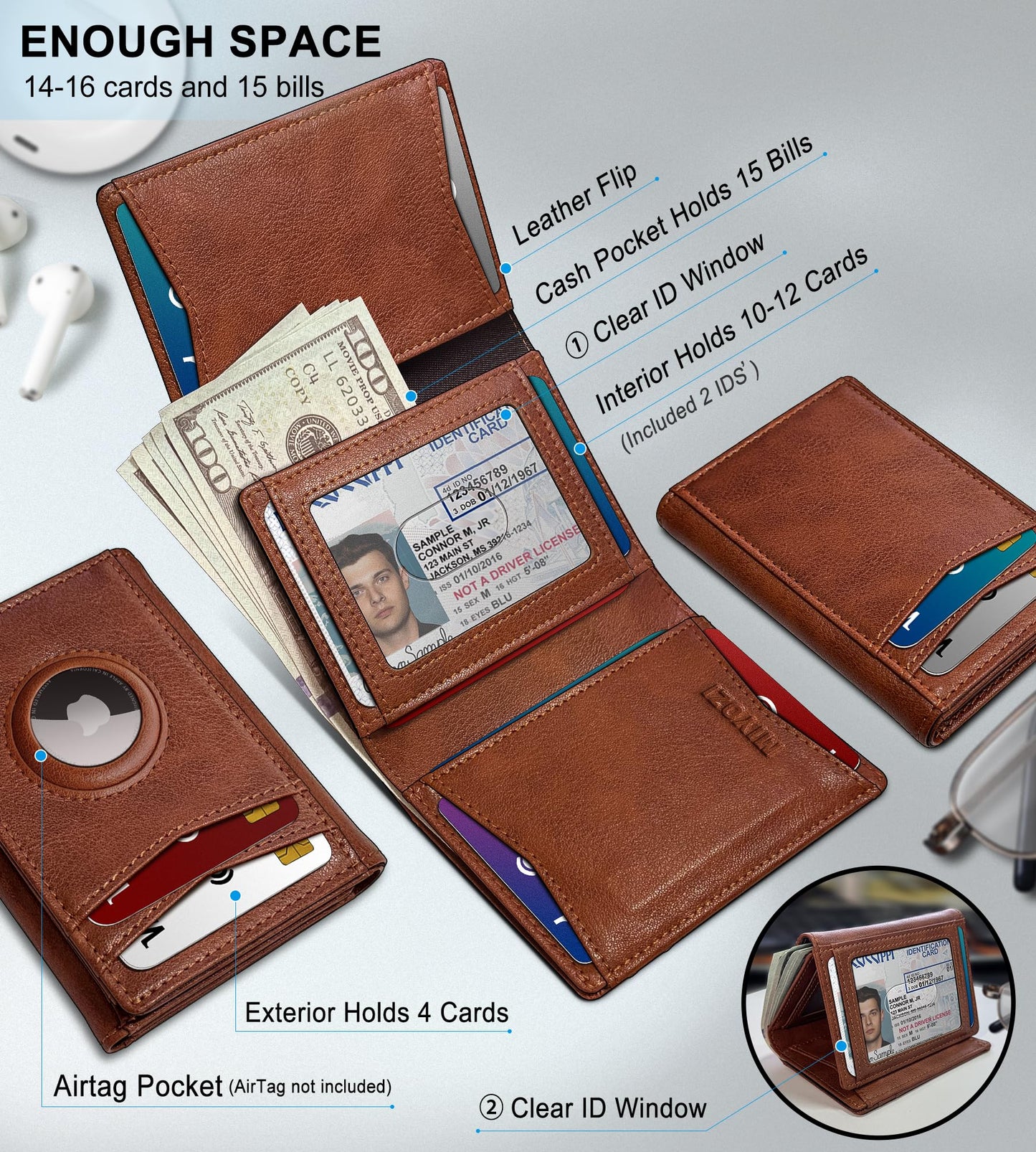 miyozi Airtag Wallet for Men,with Cash Pocket 2 ID Window 14-16 Cards Magnetic Closure Slim Trifold Leather Wallet 4.0"x3.1", RFID Blocking Front Pocket Wallet with Gift Box