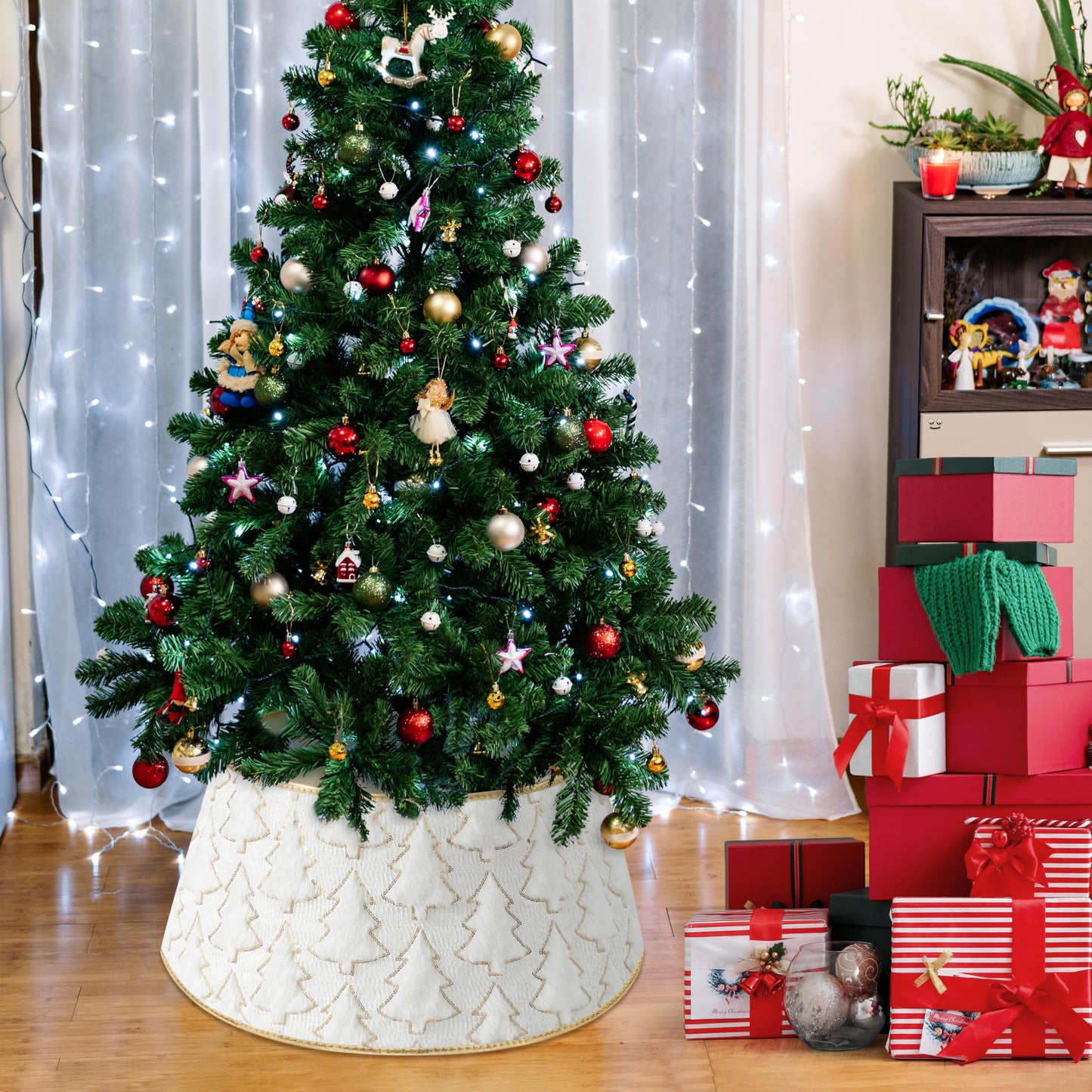 Faux Plush Christmas Tree Collar,Rustic Farmhouse Tree Skirt Ring with Xmas Tree Textured Pattern for Holiday Christmas Indoor Home Decor（White）