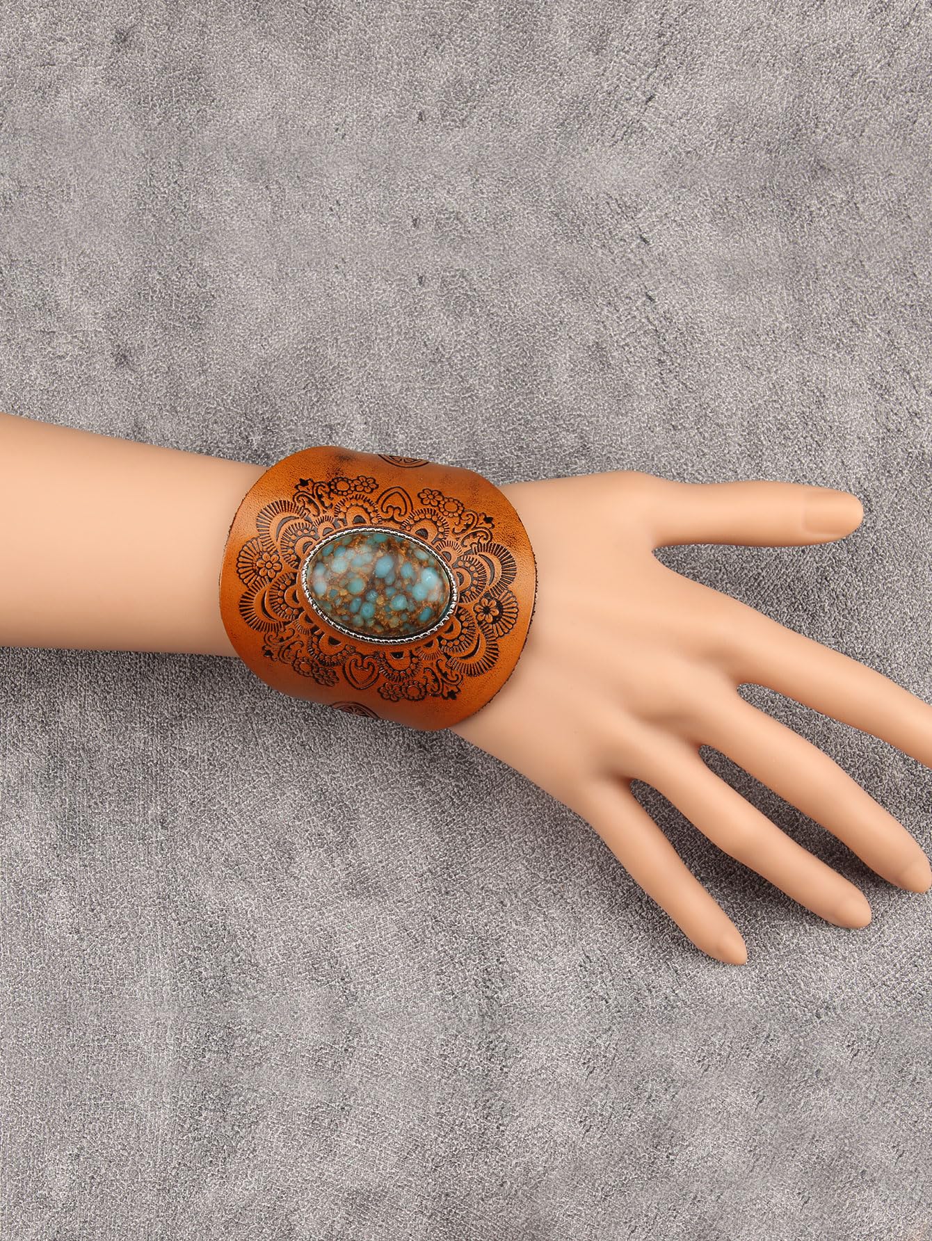 GelConnie Leather Wrap Bracelets for Women Wide Arm Cuffs Goth Bracelets With Big Stone Handmade Leather Boho Unisex Cuff Bracelet