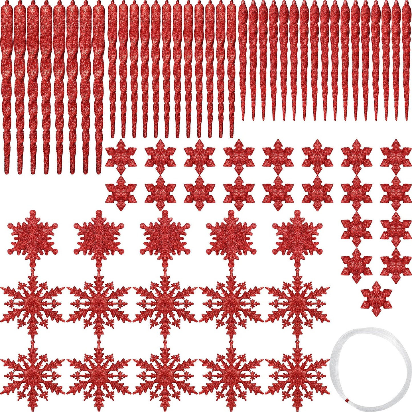 Chuangdi 72 Pcs Snowflake Icicle Ornaments for Christmas Tree Twisted Glitter Icicles Acrylic Hanging Drop Decoration for Winter Xmas Holiday Party New Year Outdoor Supplies(Red)