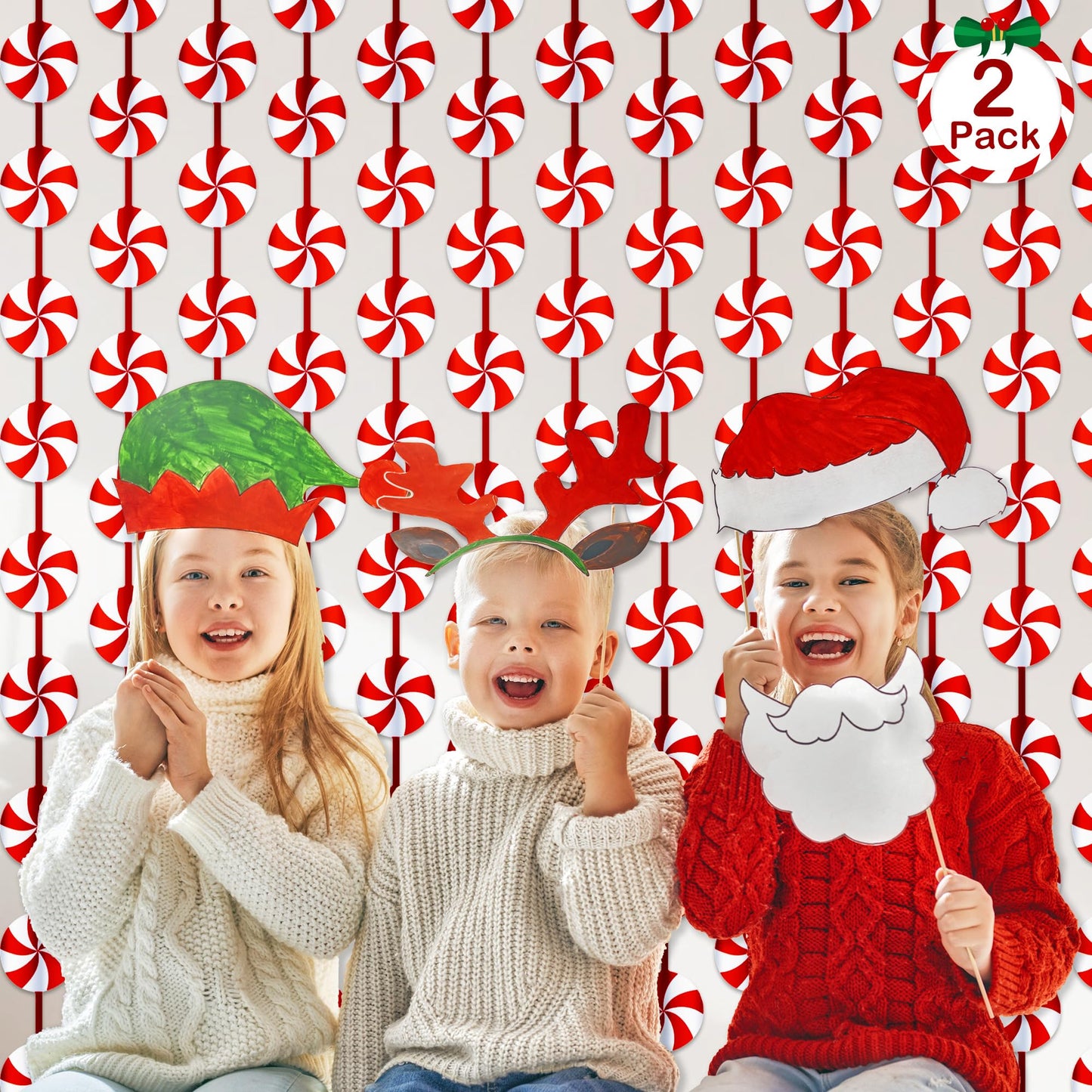 Christmas Party Decorations Candy Cane Foil Fringe Curtains, 2 Pack Red White Christmas Backdrop Photo Booth Prop Streamers for Ugly Sweater Party Xmas Decorations Indoor, 3.3x6.56Ft