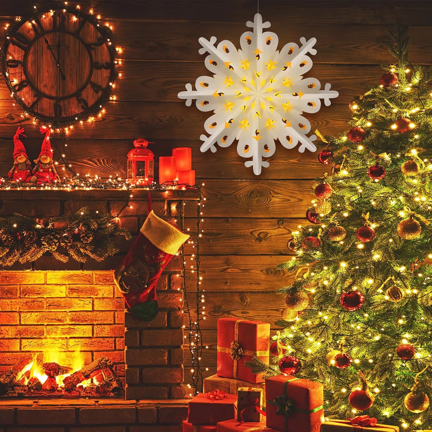 23.6 Inch Christmas Star Snowflake Paper Lantern with Light Timer Paper Lamp Party Supplies Hanging Decoration for Weddings Christmas Trees Birthday Holiday Party Celebration (Adorable Style)