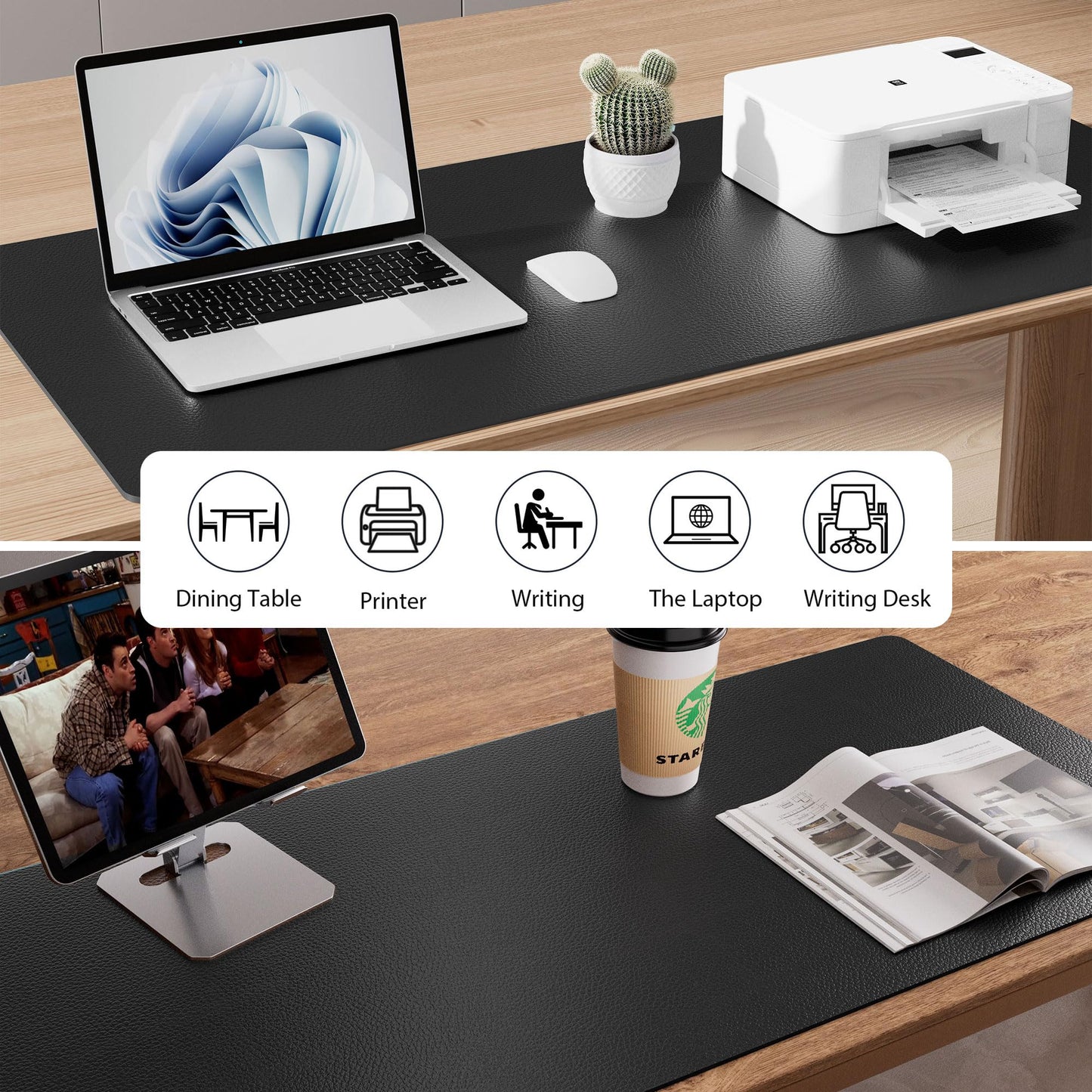 Aothia Leather Desk Pad Protector, Mouse Pad, Office Desk Mat, Non-Slip PU Leather Desk Blotter, Laptop Desk Pad, Waterproof Desk Writing Pad for Office and Home (48"x17", Black)