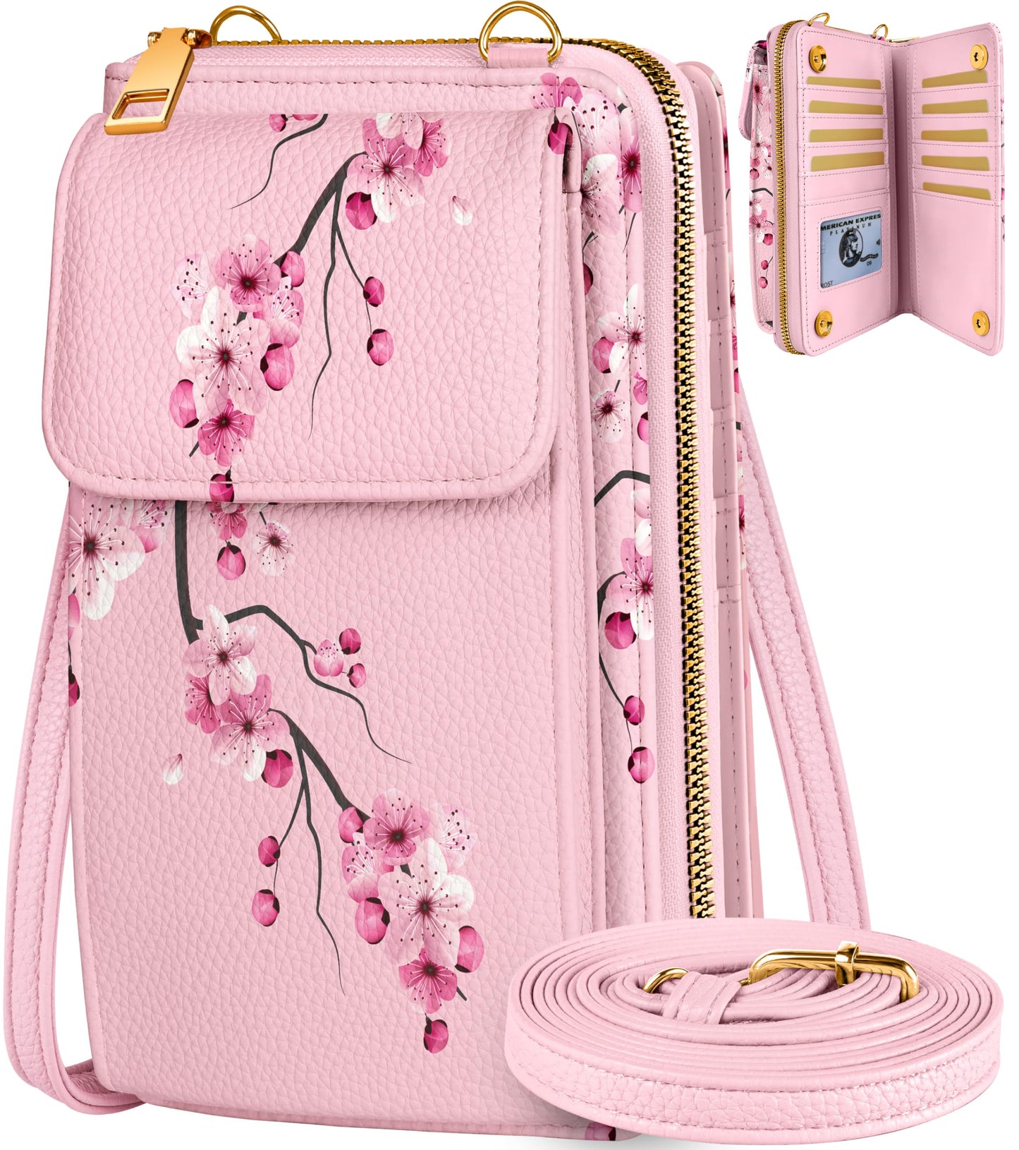 Miss Adola Cute Small Crossbody Purse Cell Phone Bags for Women - Leather Cellphone Wallet Purse with Adjustable Shoulder Rope and Wallet Card Slots, Peach Blossom