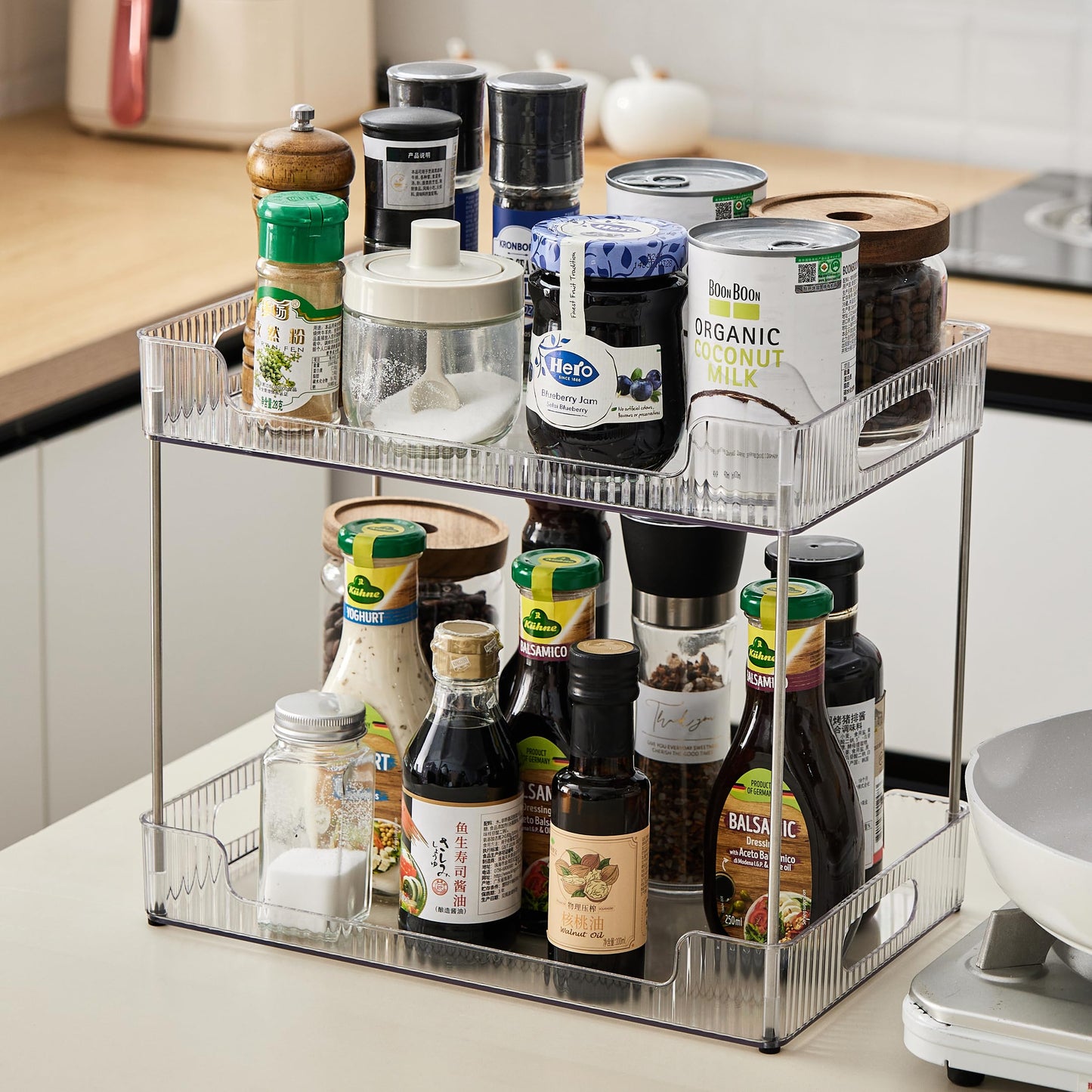Goderewild 2-Tier Bathroom Counter Organizer, Multi-Purpose Cosmetics Skincare Shelf, Fits A4 Size Makeup Organizer for Office and Vanity Tray, Countertop Storage Solution for Kitchen,Bath.(Clear)