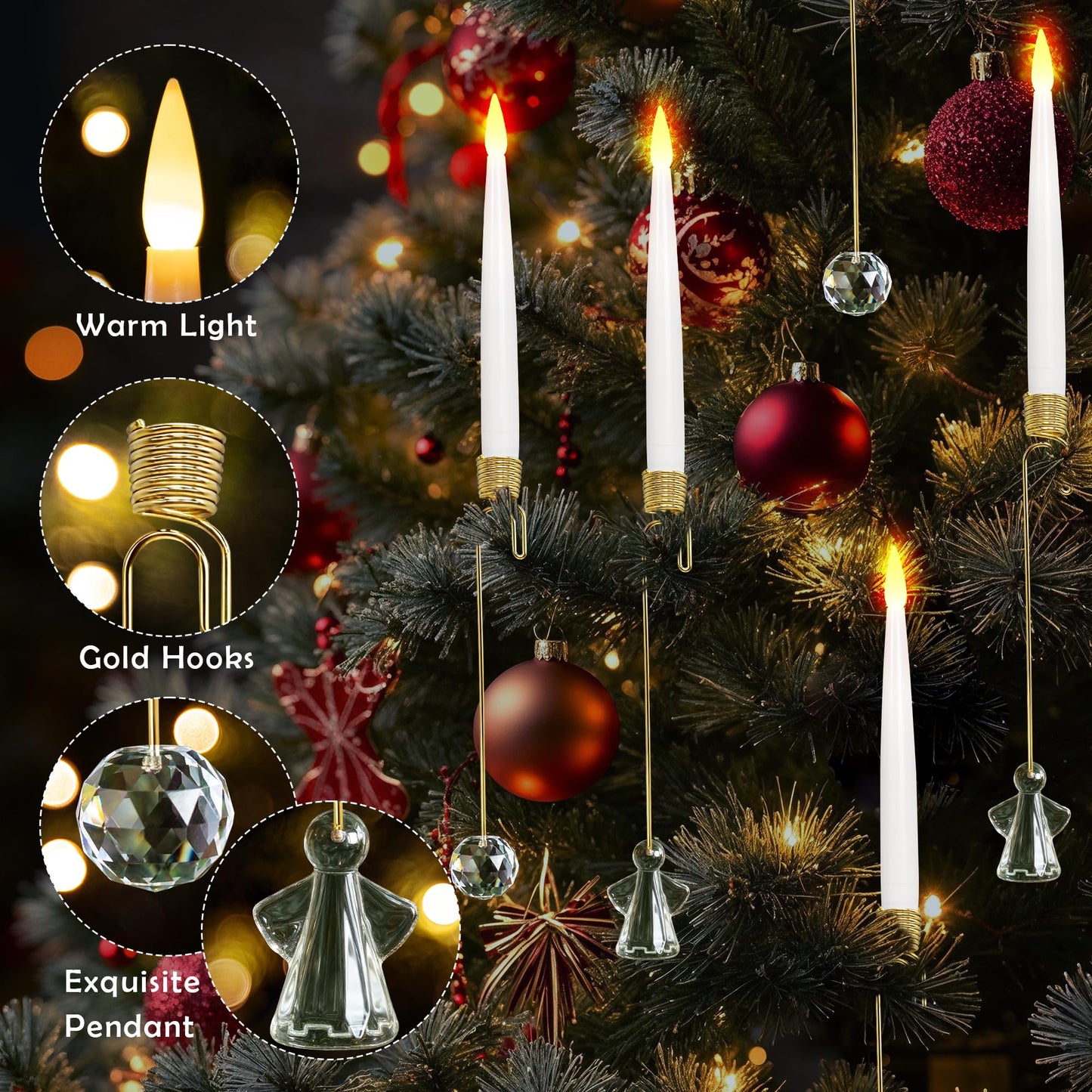 LUSHARBOR Christmas Tree Candles, 10 Pack Flameless Taper Candles for Christmas Tree Decor, Fake LED Candle Battery Operated with Remote for Xmas Wedding Home Gift with Crystal Ball Angel Hook