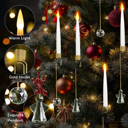 LUSHARBOR Christmas Tree Candles, 10 Pack Flameless Taper Candles for Christmas Tree Decor, Fake LED Candle Battery Operated with Remote for Xmas Wedding Home Gift with Crystal Ball Angel Hook