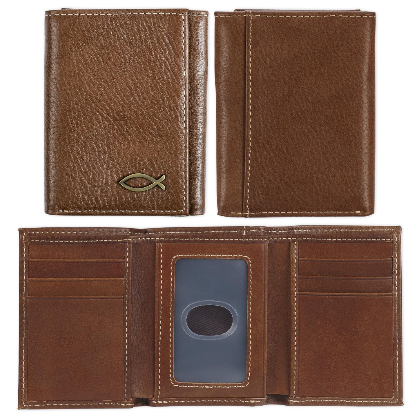 Christian Art Gifts Premium Full Grain Leather RFID Blocking Compact Trifold Wallet for Men, Inspirational Jesus Fish, ID, Credit Card, Cash Storage Accessory, Smooth Brown