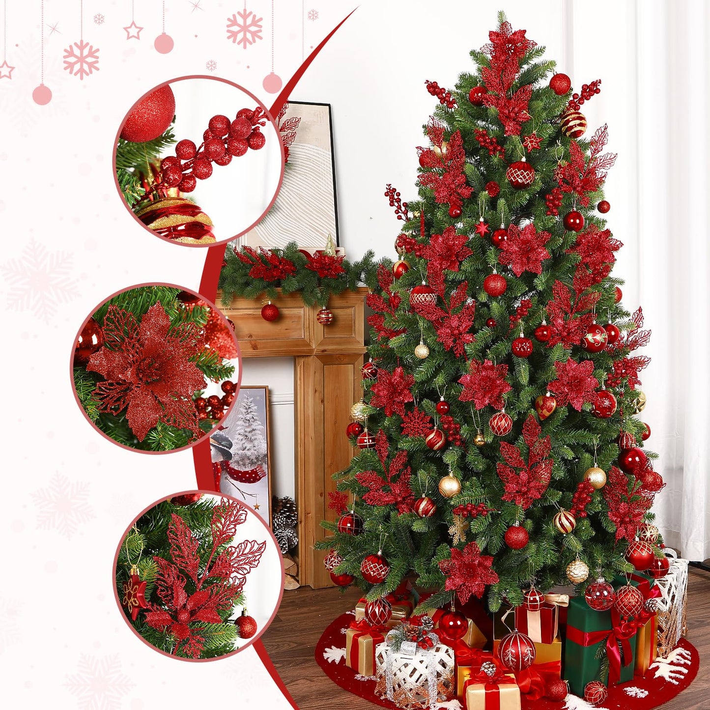Alupssuc 24 PCS Christmas Tree Decorations, 12 PCS Poinsettia Flowers Artificial+6 PCS Glitter Holly Berry Stems+6 Berry Leaves Christmas Tree Picks for Party Wreath Fireplace, Red