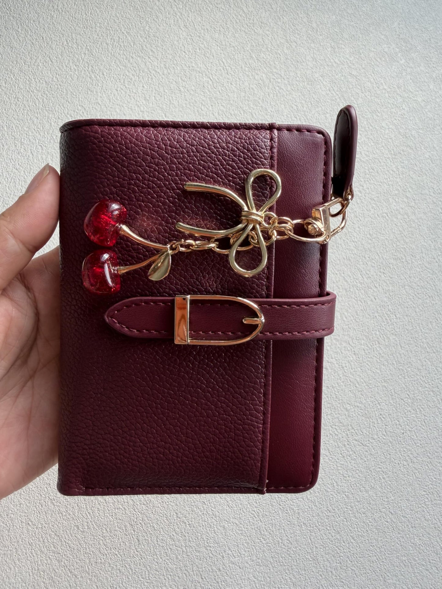Ninmon Shares Small Wallet for Women Wine Red PU Leather Trifold Card Holder with Coin Pocket & Red Cherry Keychain (Red)
