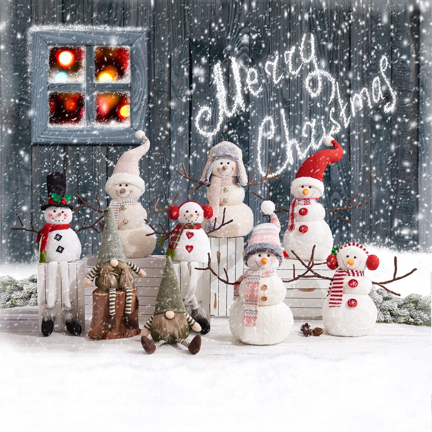 WORLDECO Snowman Christmas Decorations with Bowler Hat, Xmas Handmade Plush Ornaments for Indoor, Home and Holiday
