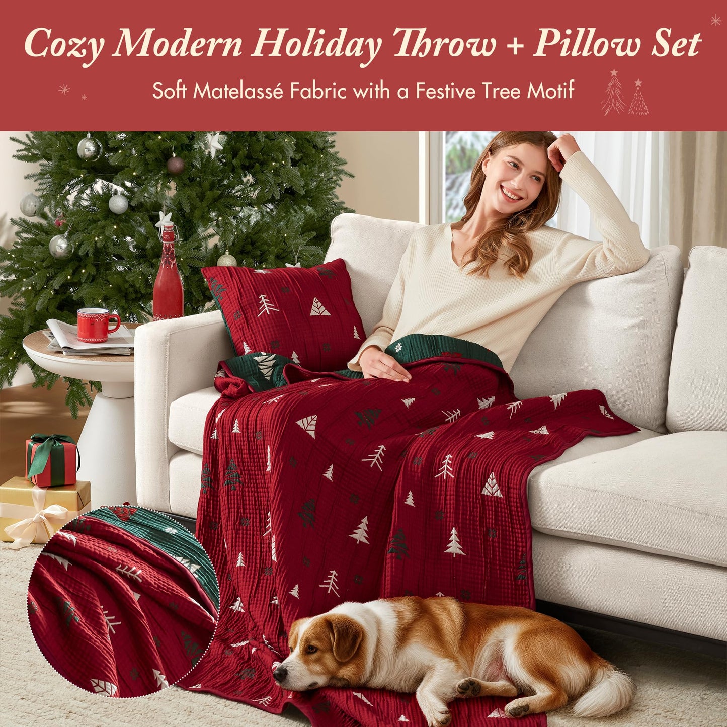 Madison Park Christmas Throw and Decorative Pillow Set, Festive Reversible Jacquard, All Seasonal Lightweight 2-Piece Bedding, 50" W x 70" L, Red/Green