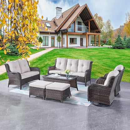 Rilyson Wicker Patio Furniture Set - 7 PC Rattan Outdoor Sectional Conversation Sets with 2 Rocking Swivel Chairs,2 Ottomans,1 Sofa,1 Loveseat and 1 Coffee Table for Porch Deck(Brown/Beige)