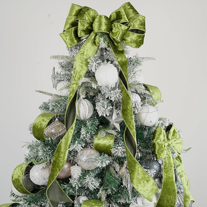 MEEDEE Moss Green Velvet Wired Ribbon 2.5 Inch - 10 Yards Crushed Velvet Christmas Ribbon for Tree Decoration, Wreath Supplies, Crafts Bow Making