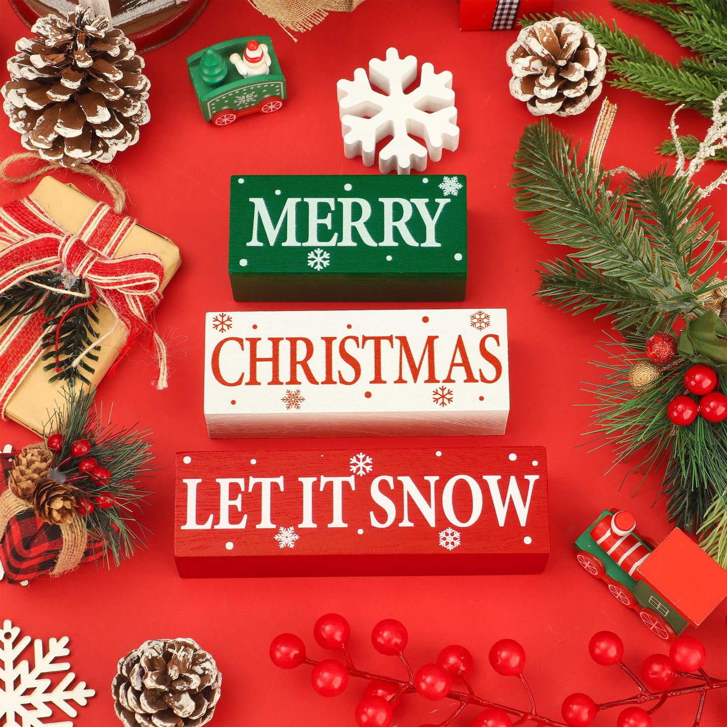 4 Pcs Merry Christmas Wooden Tabletop Decor Let It Snow Table Centerpiece Snowflake Table Sign Xmas Tiered Tray Decor Red Green Wood Block for Xmas Holiday Home Office Kitchen Desk Shelf Decors