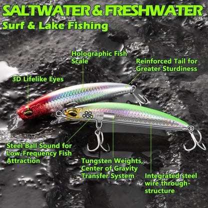 MYSOAS Jerkbait Fishing Lure Minnow 119S, Slow Sinking Saltwater Surf Fishing Lures with Tungsten Weight, Long Cast System, Through-Wire Construction, BKK 4X Hooks, for Halibut Striped Bass Surf Perch