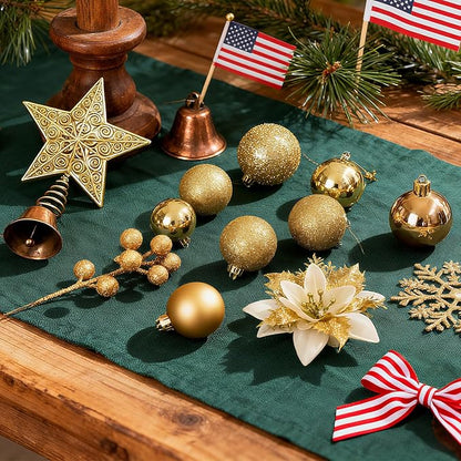 76Pcs Christmas Tree Decorations Set, Gold Assorted Ornaments with Large Shatterproof Plastic Balls, Star Tree Topper, Glitter Berries Stems, Ribbon for Indoor Garland Home Holiday Wedding Decor