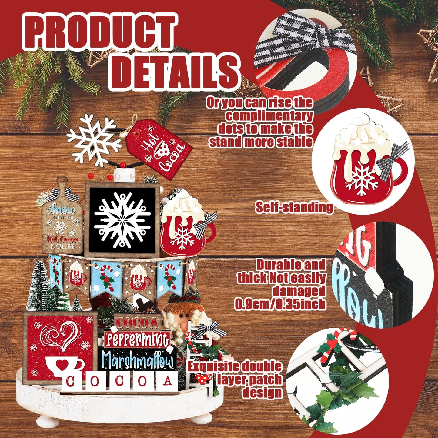Fairysandy 14 Pcs Christmas Tiered Tray Decor Set Christmas Wooden Sign Decor Rustic Farmhouse Snowflake Cocoa Coffee Spice Blocks Winter Table Tabletop Sign for Home Xmas Shelf Coffee Bar