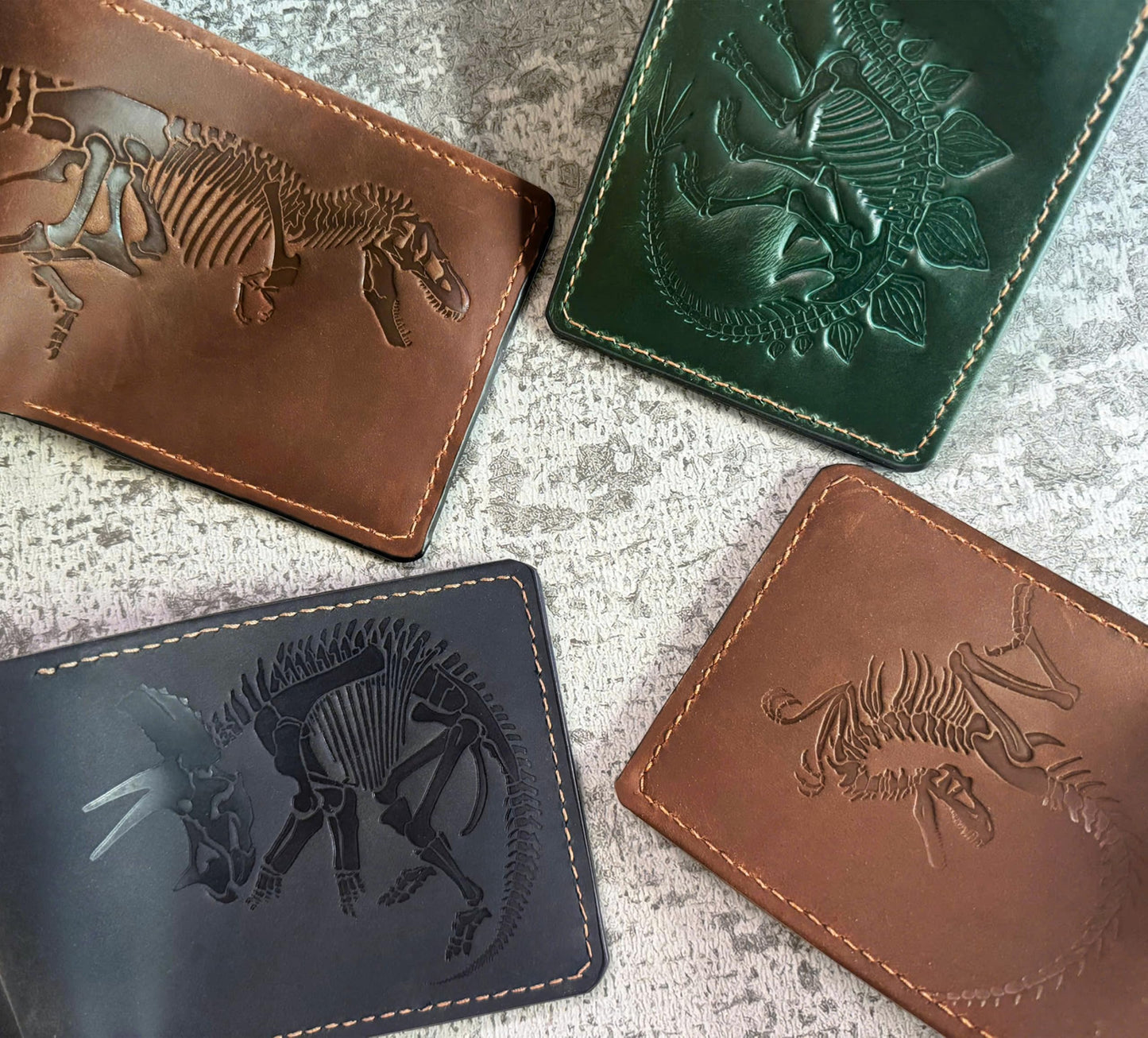 Mayan Corner Handmade Genuine Leather Wallet for Men – Embossed Dinosaur Skeleton Design – Slim Bifold Wallet – Triceratops