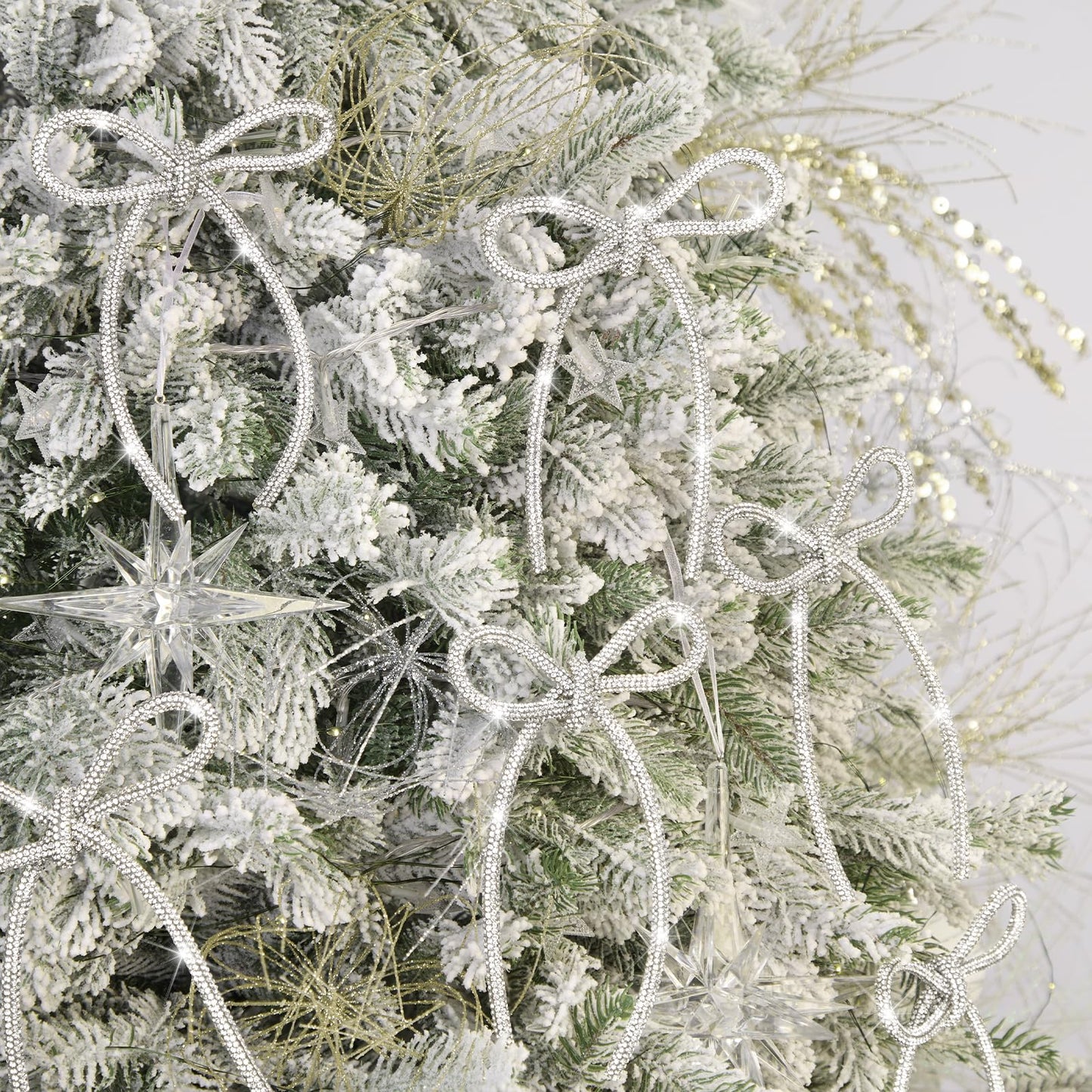 6 Pcs 4.3" x 6" 2026 Christmas Bows for Tree Decor, Silver Sparkly Glitter Rhinestone Bow Ornaments with Twist Tie for Xmas Decoration, Wreath, Garland, Gift Wrapping