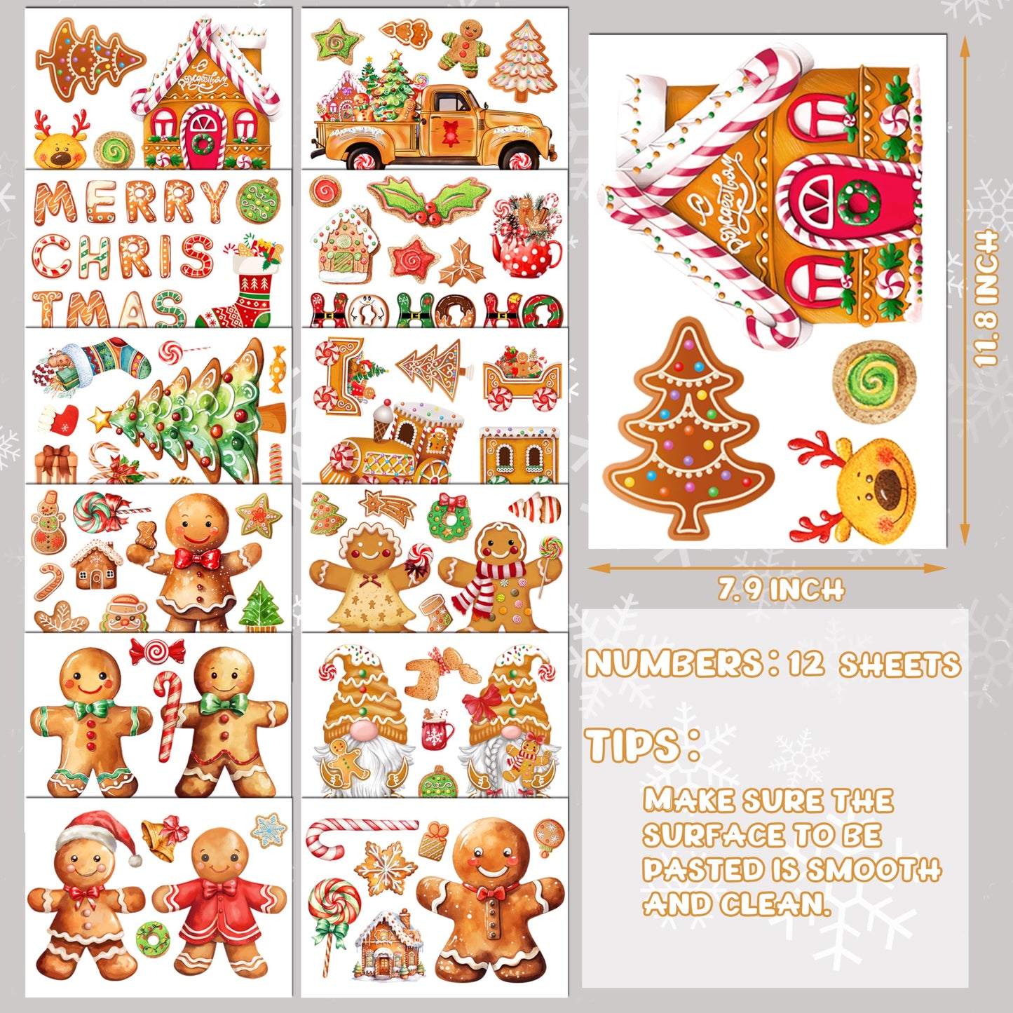 Christmas Gingerbread Wall Stickers Decoration 12 Sheets, Christmas Wall Decals Holiday Gingerbread Decor, Winter Candy Vinyl Stickers for Living Room Bedroom Home Office Decor