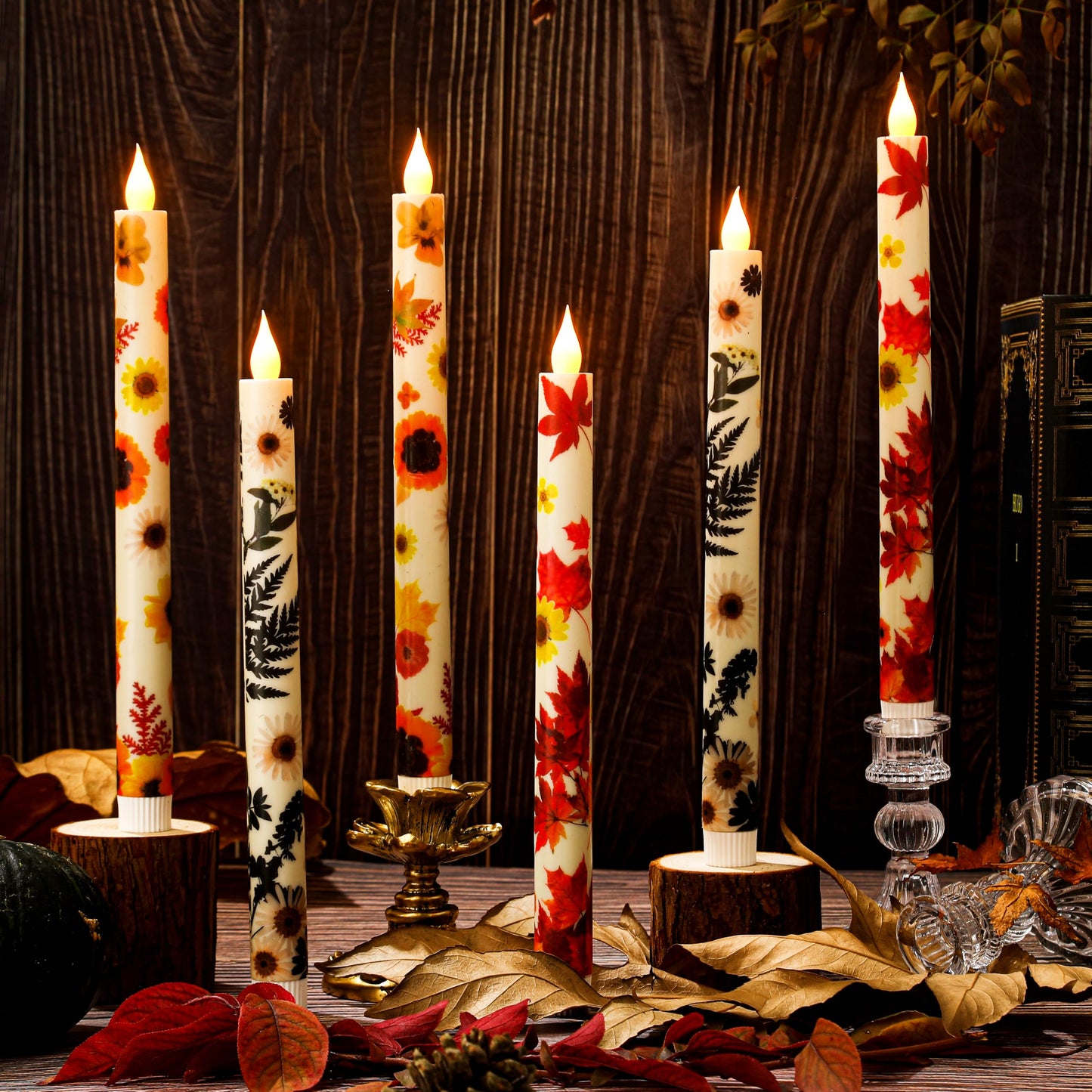 LCZLUMIPRO 6PCS Thanksgiving Flameless Taper Candles - Fall Maple Leaf Decor, Thanksgiving Decorative Candles with Wax Coating and Autumn Floral Prints Perfect for Table, Party, Banquet