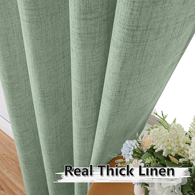 Tollpiz Linen Curtains Bedroom Rod Pocket Semi Sheer Curtain Burlap Light Filtering Thick Linen Drapes for Living Room, 54 x 84 inches Long, Sage Green, Set of 2 Panels