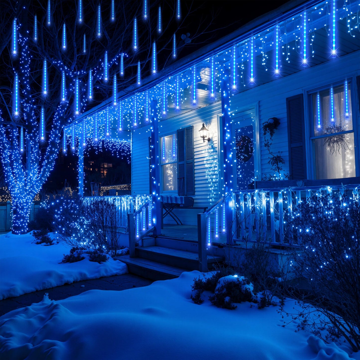 JOYIN Christmas Lights Outdoor,8 Tubes Meteor Shower Lights Blue,192 LEDs, Snowfall Icicle Cascading Rain Light for Christmas Tree Decorations, Wedding Party Holiday Decor