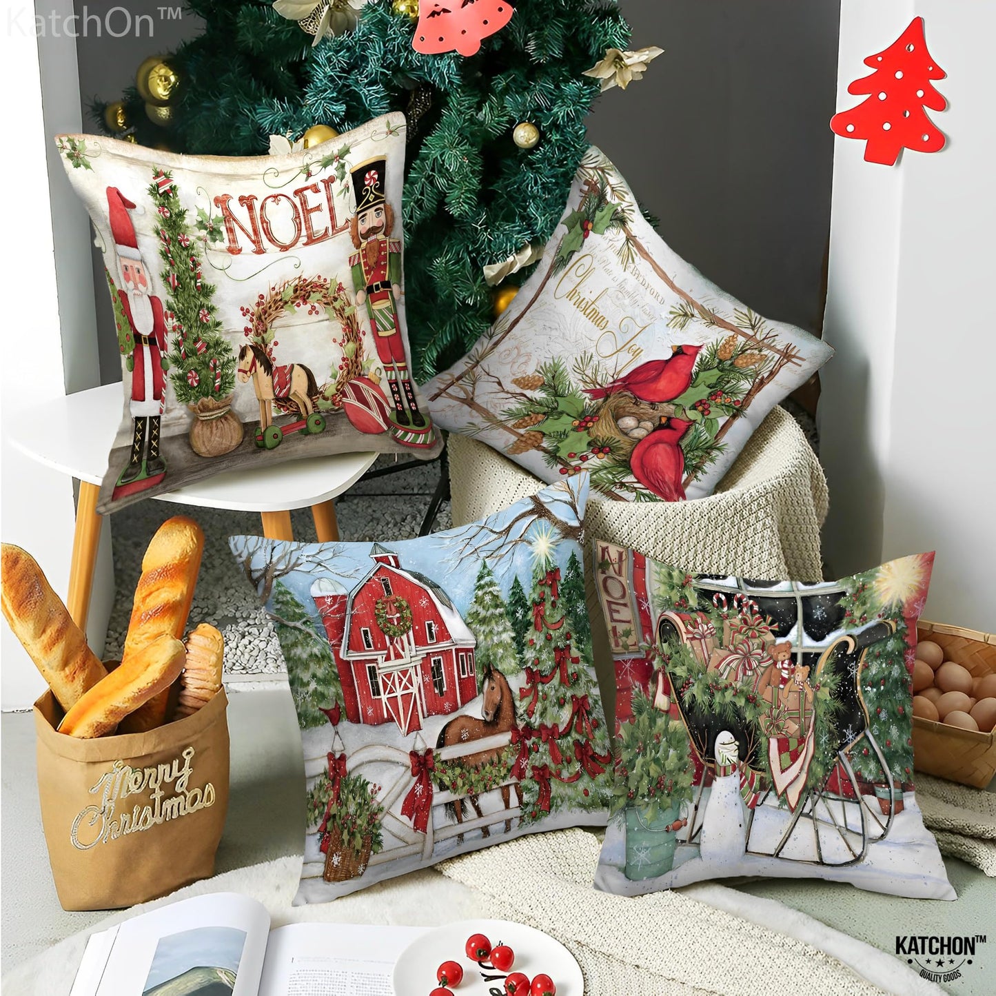 KatchOn, Farmhouse Christmas Pillow Covers 18x18 - Pack of 4 | Farmhouse Pillow Covers, Holiday Pillow Covers | Christmas Throw Pillow Covers for Christmas Decorations | Snowman Pillow Covers 18x18