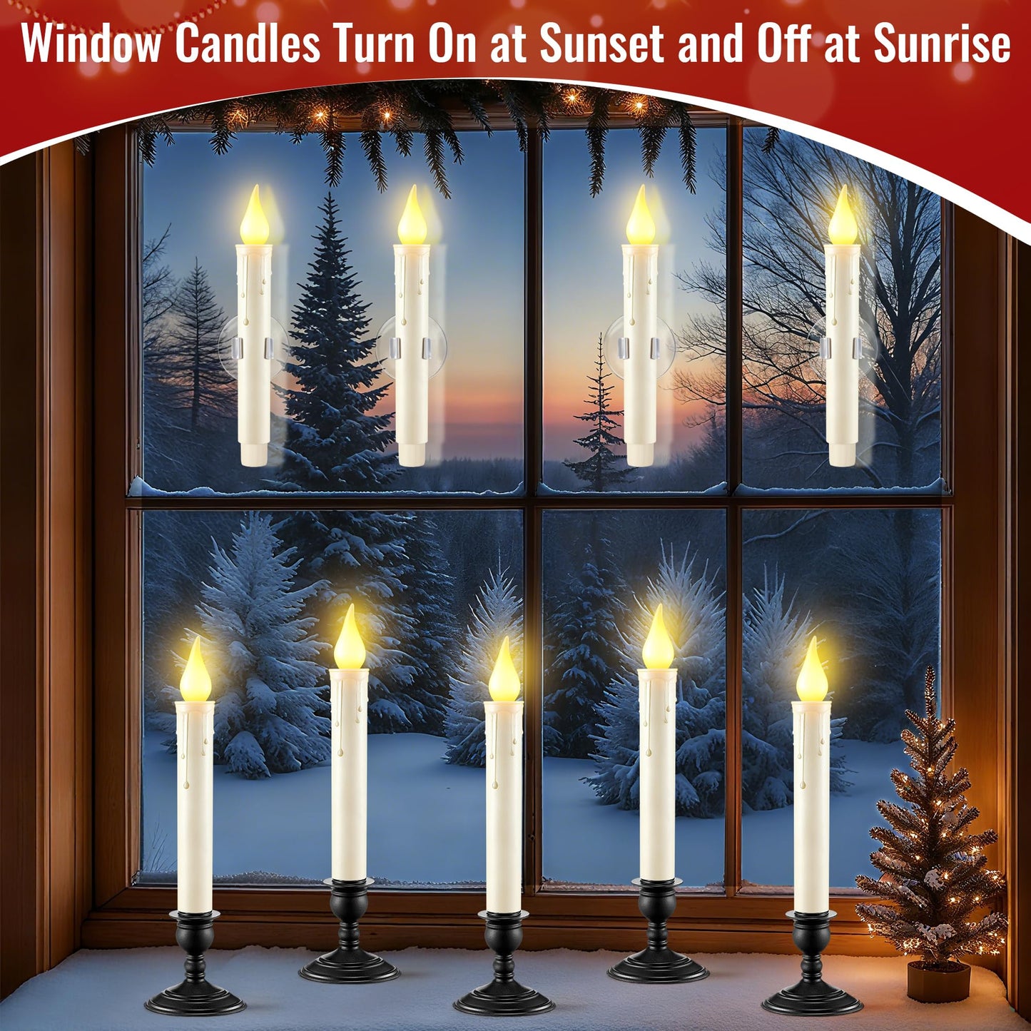12 Pack Battery Operated Window Candles with Sensor Dusk to Dawn, Ivory Flameless Taper Candlesticks with Removable Black Base & Suction Cups, LED Candlestick for Christmas Decor Home, 24 AA Batteries