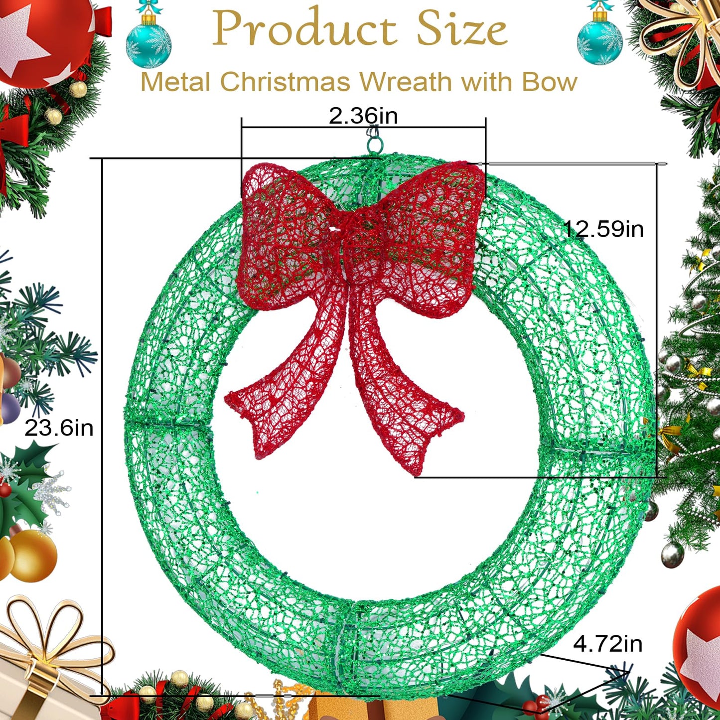 24" Pre-Lit Outdoor Christmas Wreath with 140 LED Lights and Bow, Lighted Metal Christmas Wreath Decoration with Timer Function for Xmas Home Wall Front Door Window Garage (Golden/Red, 24in)