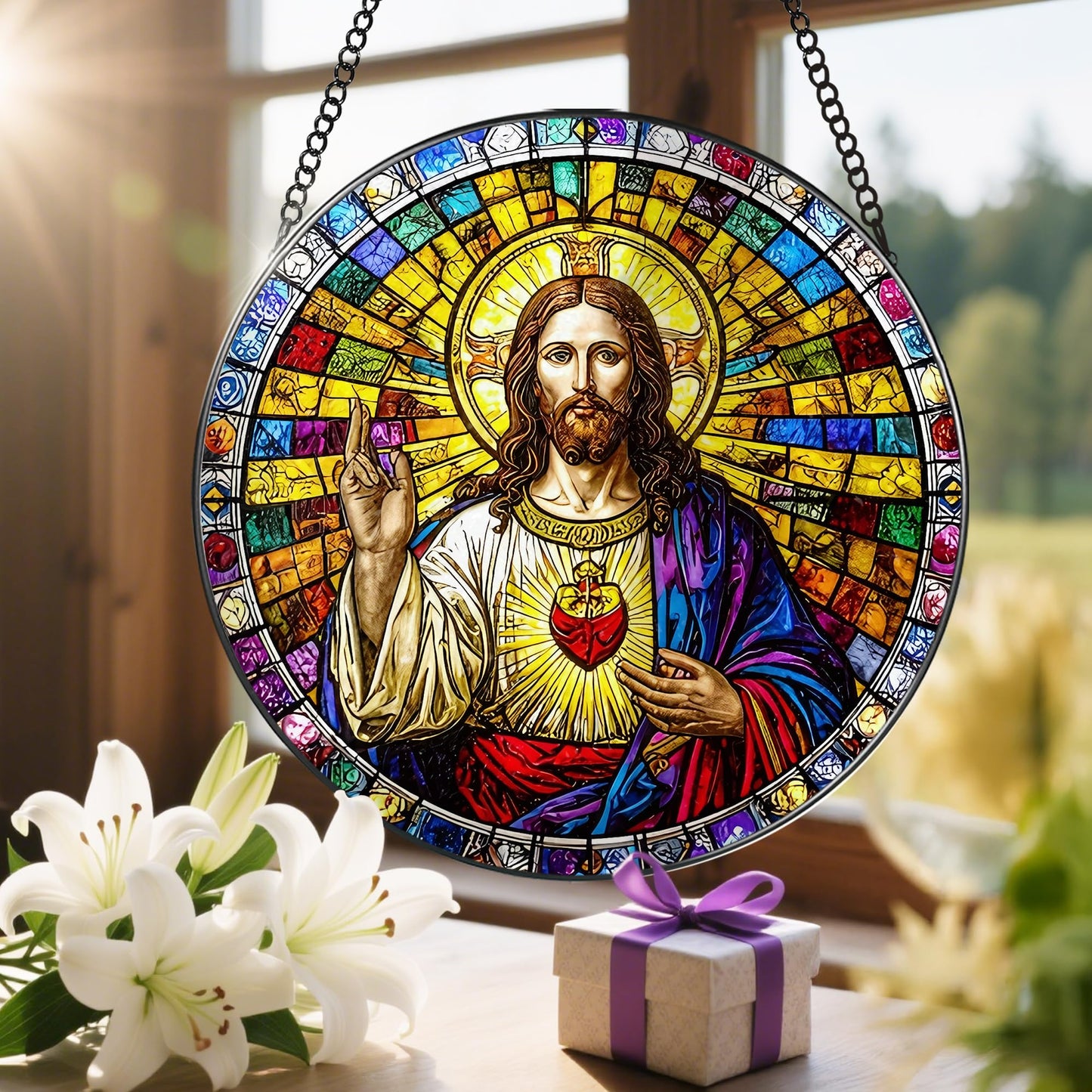 LAOWEIKI 8'' Sacred Heart of Jesus Stained Glass Suncatcher, Stained Glass Window Hanging, Religious Ornament, Christian Home Decor, Gifts for Christmas, Christian Gift, Religious Gift