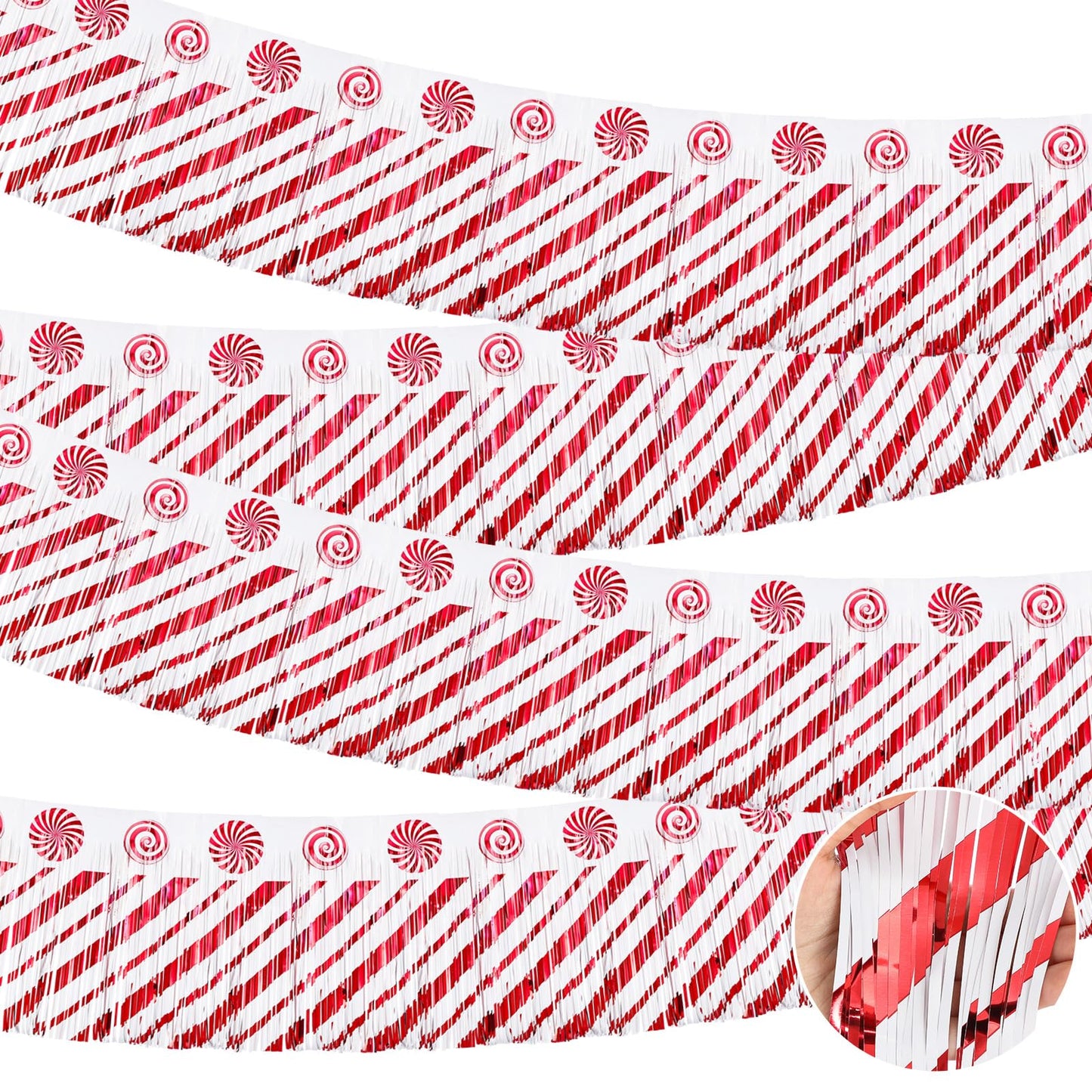 Mindsoft 4 Pack 39 ft Christmas Parade Floats Decoration Foil Fringe Candy Cane Peppermint Lollipop Metallic Tinsel Garland Table Skirts for Xmas Trailer Car Homecoming Party