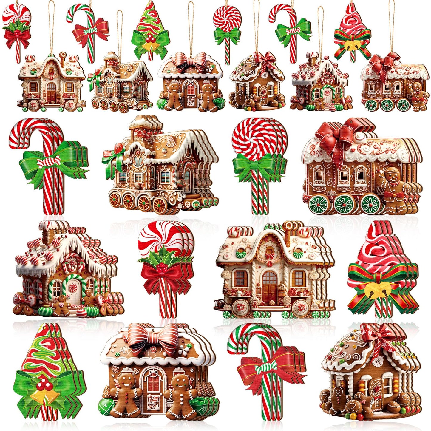 Roowest 36 Pcs Christmas Gingerbread House Ornament Set Wood Christmas Tree Ornaments Lollipop Flat Train Donut Cake Hanging Decorations Peppermint Ornaments for Xmas Tree Party Supplies