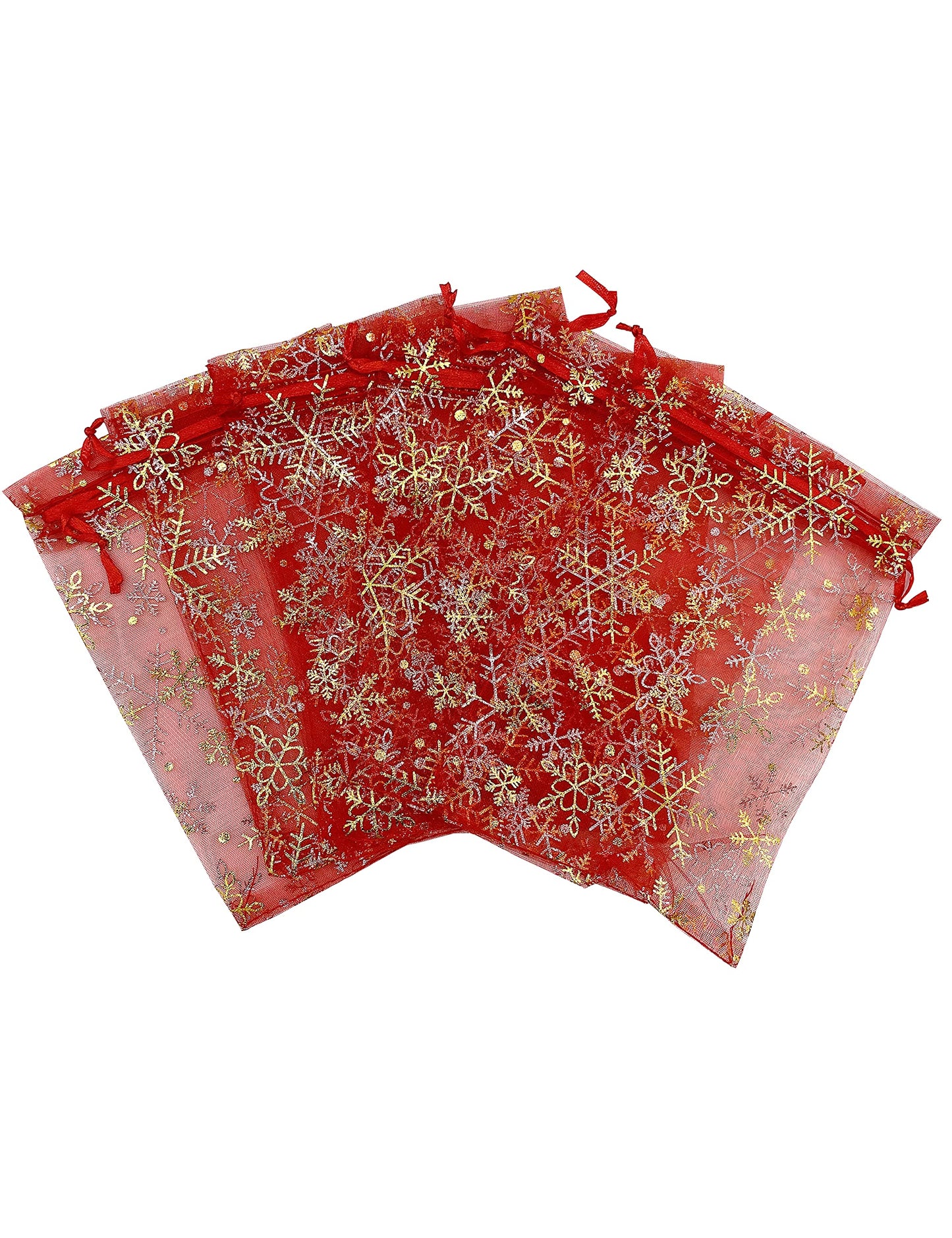 Jexila 100PCS Christmas Organza Bag 5''X7'' Red Snowflake Mesh Drawstring Jewelry Gift Bags for Xmas Wedding Party Favor Treat Bags