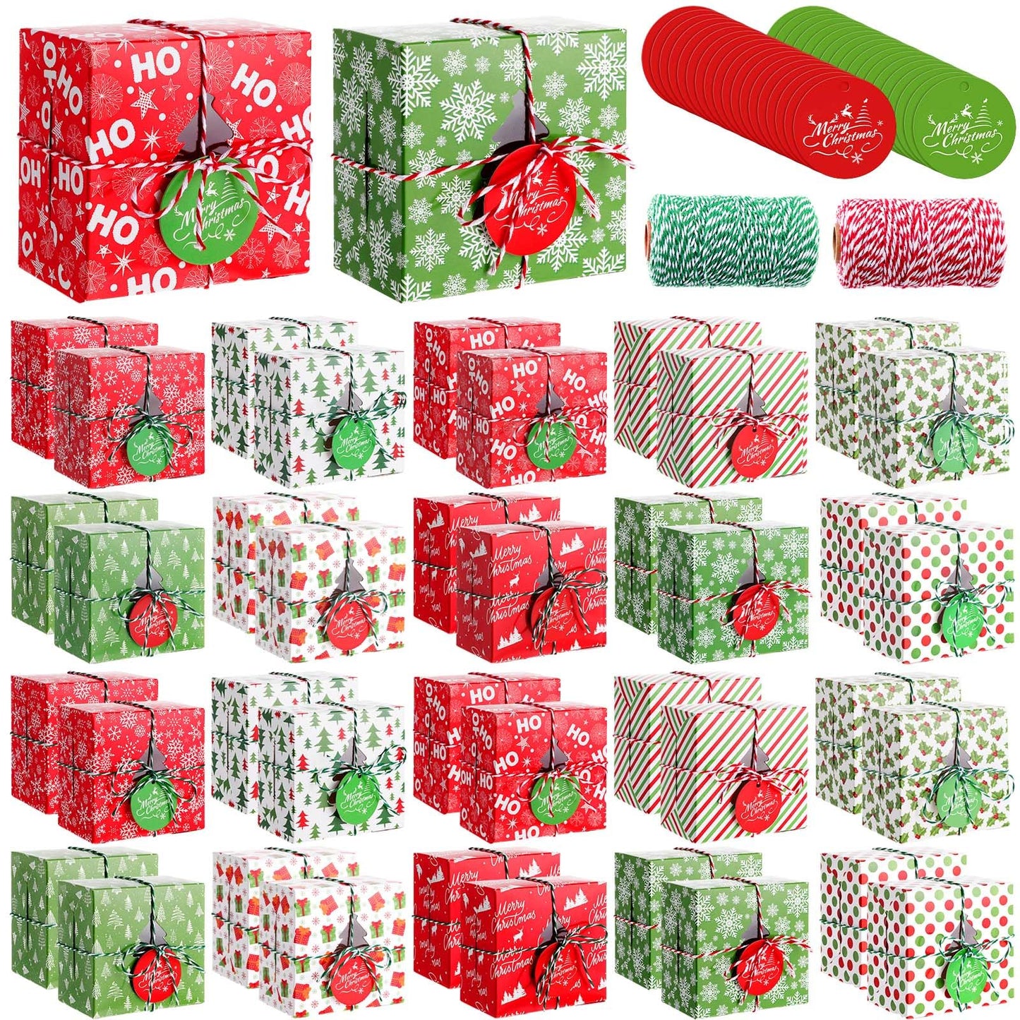 Glenmal 100 Set Christmas Bakery Cookie Boxes Cupcake Containers with Christmas Tree Window Xmas Day Cupcake Candy Goody Treat Gift Boxes with Cotton Rope Label for Xmas Party Favors Supplies