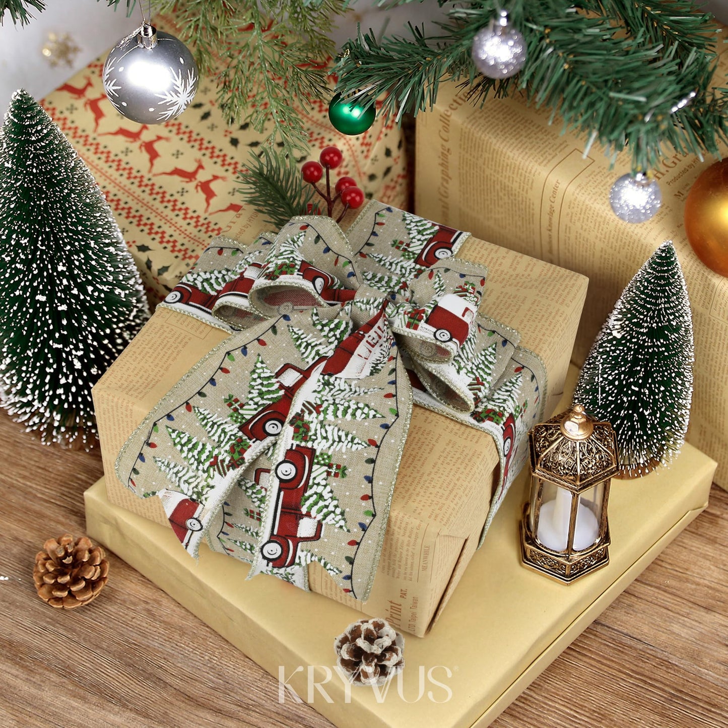 Kryvus Christmas Wired Ribbon, 2.5 Inch x 10 Yards, Natural Linen Ribbon with Gold Wired Edge for Wreaths, Gift Wrapping, Christmas Tree Decorations and Holiday Crafts (Bus)