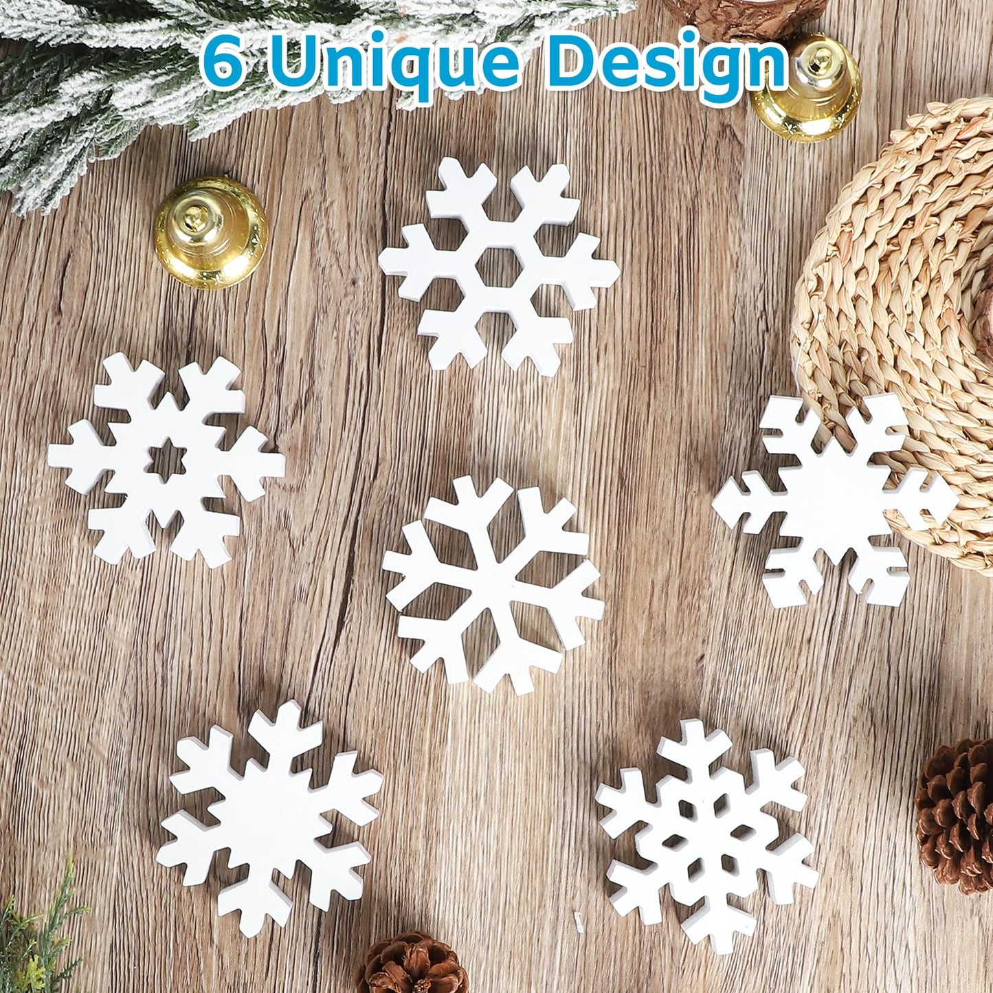 PAIVSUN 6Pcs Christmas Wooden Snowflake Decor Winter Snowflakes Table Signs Centerpieces Decorations Standing for Xmas Holiday Party Home Tabletop (White)