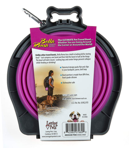 Loving Pets - Bella Roma Double Diner Portable Travel Dog Bowls Collapsible Combined Dog Food & Water Bowls (Pink, Medium)