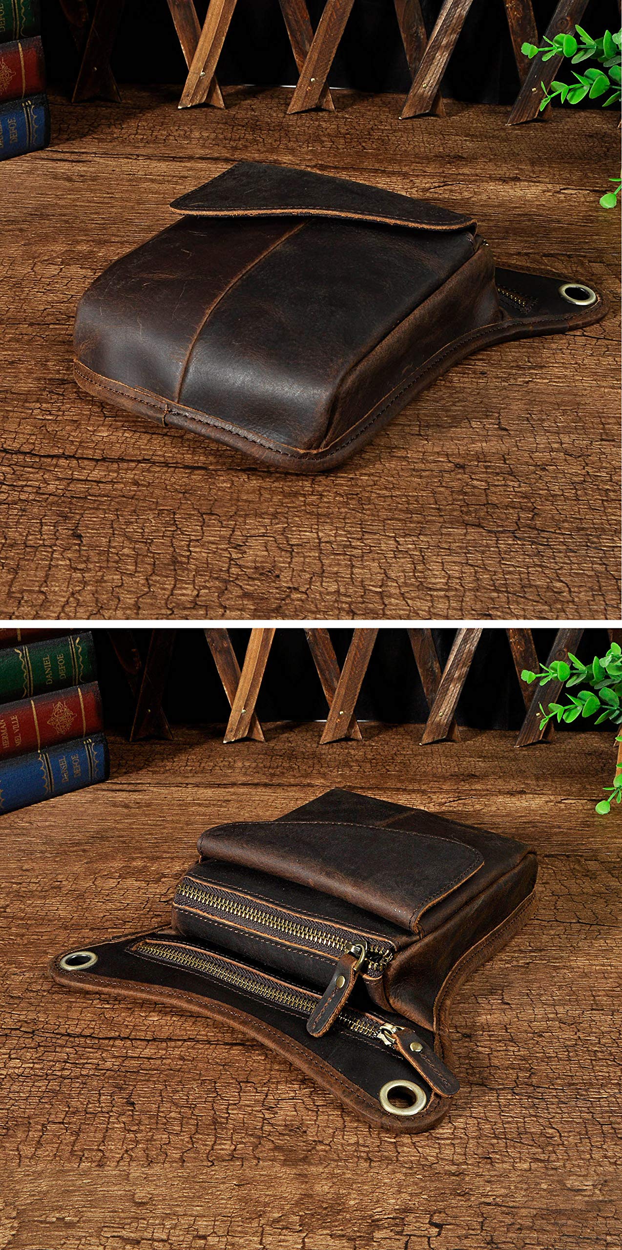 Le'aokuu Mens Genuine Leather Messenger Hiking Waist Hip Bum Pack Drop Leg Bag 211-3 1 Dark Brown