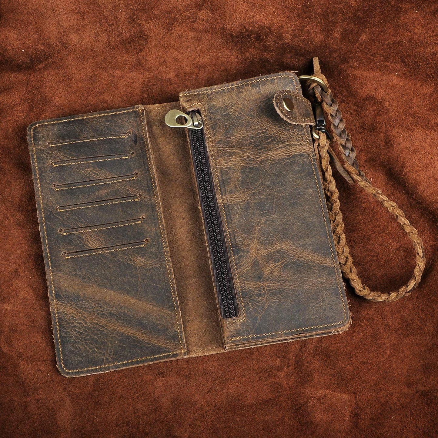Le'aokuu Mens Genuine Leather Bifold Wallet Organizer Checkbook Removable Chain Wallet