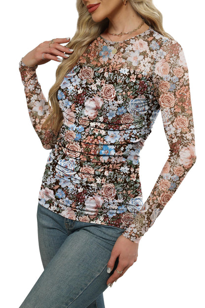 XIEERDUO Women's Sexy Sheer Long Sleeve Tops Crew Neck Mesh Ruched Going Out Shirts Blouse Date Night Outfits