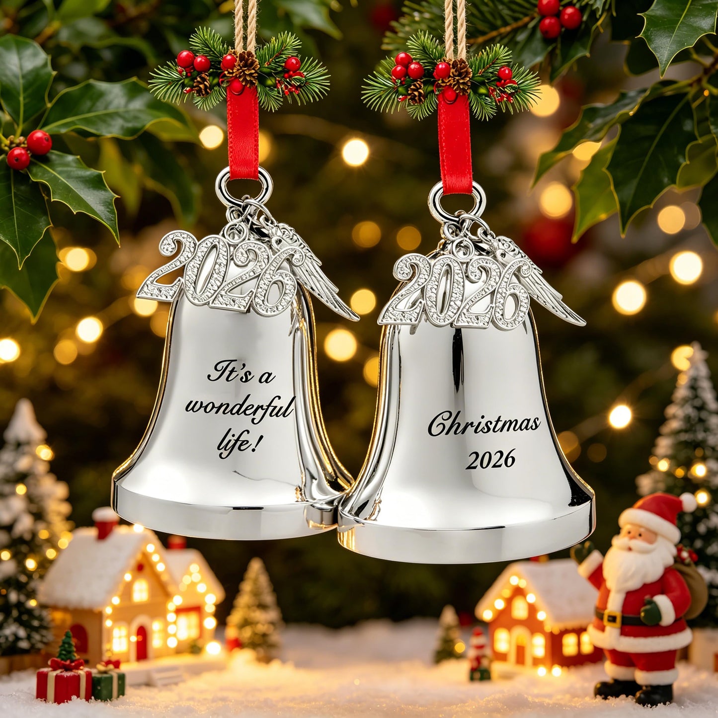 FKOG Silver 2026 Christmas Bell & Sleigh Bell Ornament with Angel Wings Wedding Anniversary Newlywed Married Memories Decoration Gifts (2026 Christmas Bell and Sleigh Bell)
