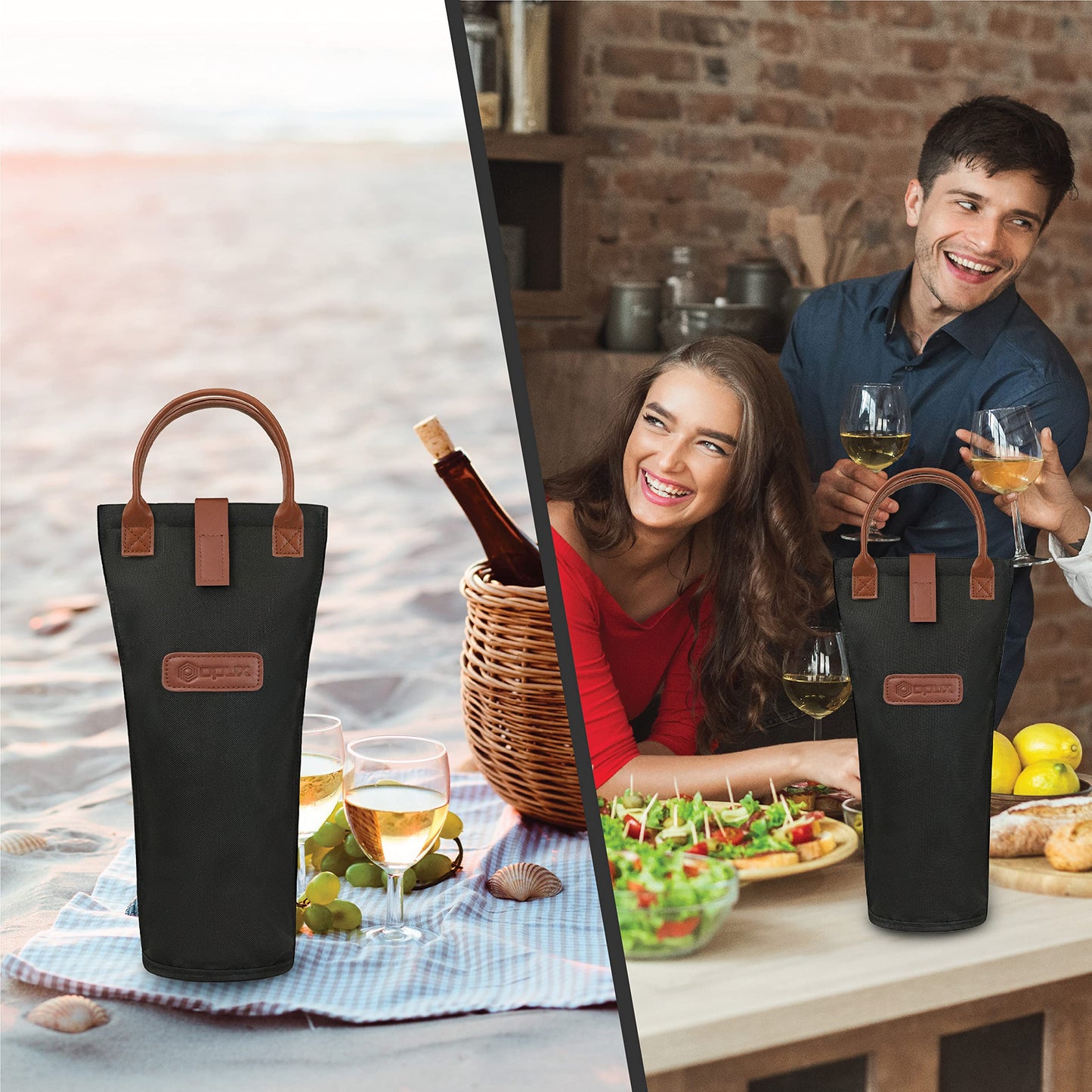 opux Wine Bag Single Bottle Carrier Tote, Insulated Travel Wine Cooler Bag for Picnic Beach Gift, Thermal Padded Portable One Bottle Holder Carrying Case for Women Men Wine Lovers, Black