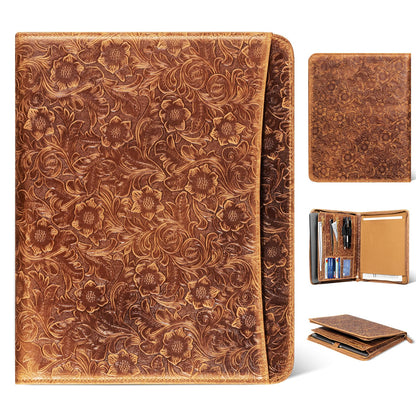 Gexmil Leather Portfolio Organizer for Women Men, Business Padfolio Folder with Zipper, Full Grain Leather,Interview Legal Document File Resume Organizer, A4 Writing Notepad Padfolio, Floral Brown