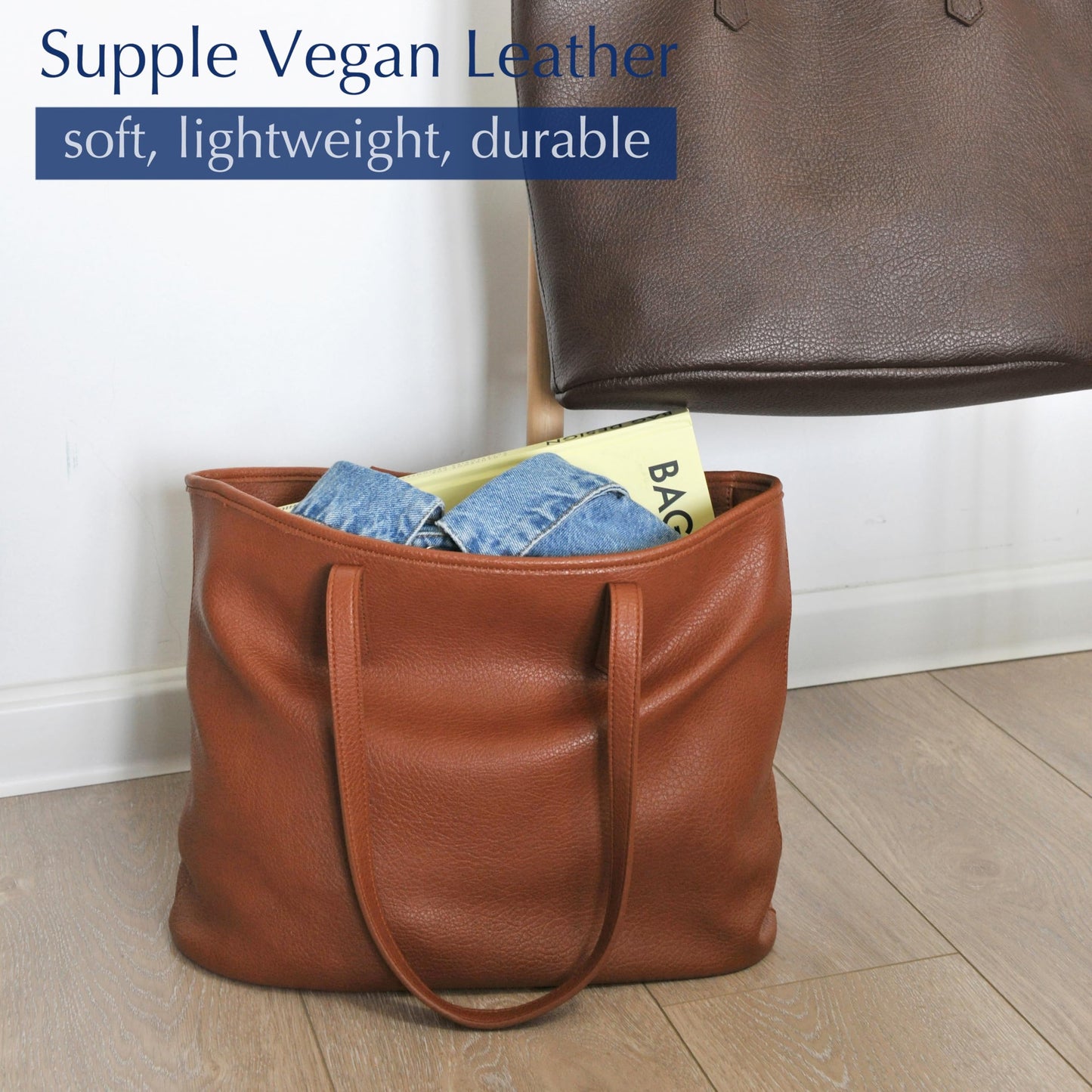 Zipper Tote Bag for Women Soft Vegan Leather Handbag for Work, Travel & Everyday Use (Brown)