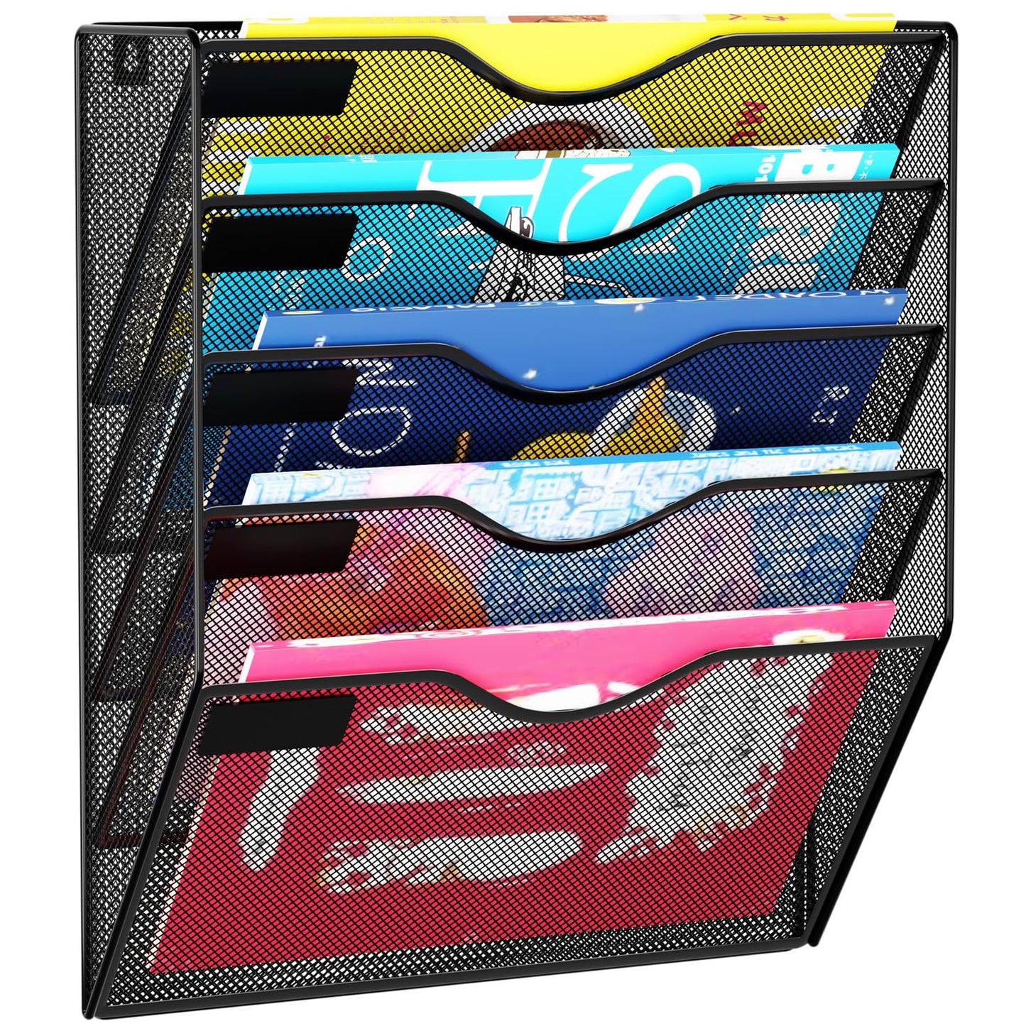 GDINDINFAN 5 Pockets Hanging Wall File Organizer Mail Holder, Wall Mounted Paper Document Folder Holder, Clipboard Storage Organization Magazine Rack, Black