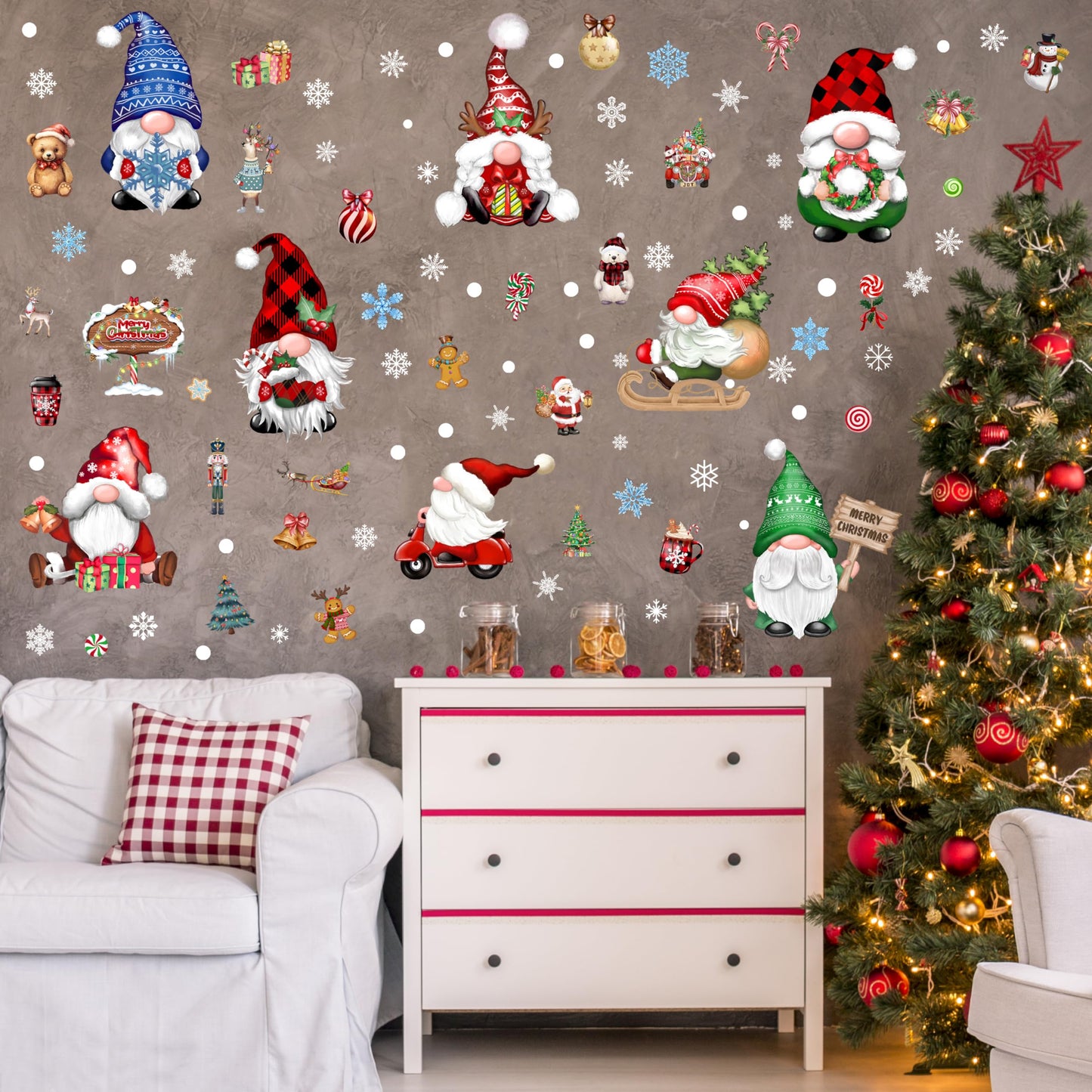 Christmas Gnomes Wall Stickers Decoration 12 Sheets, Christmas Wall Decals Holiday Gnome Decor, Winter Snowflake Vinyl Stickers for Living Room Bedroom Home Office Decor