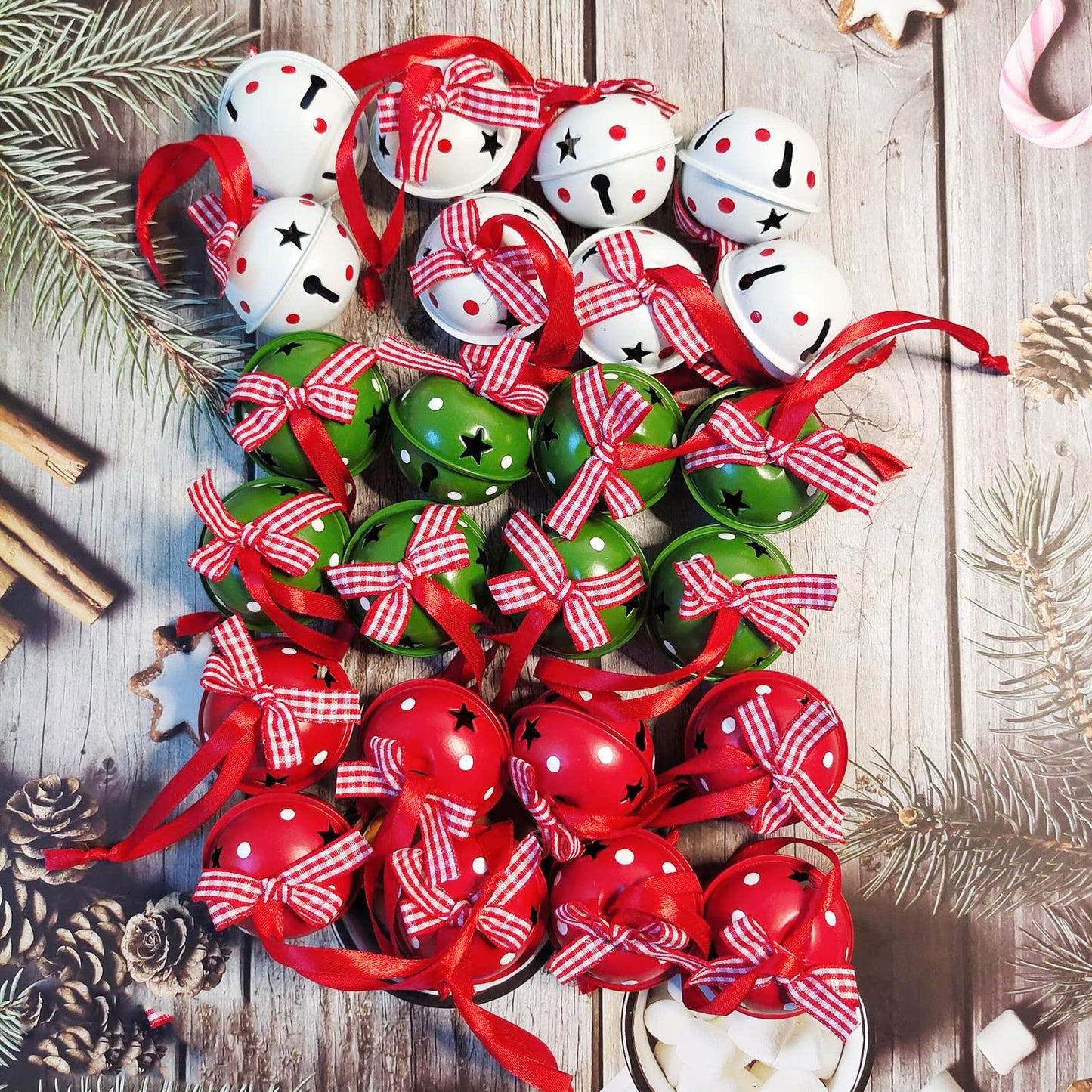 24 Pcs Christmas Jingle Bells 2" Star Cutouts Metal Decorative Bells with Ribbons Xmas Tree Ornaments for Wreath Festival Crafts Home Decorations