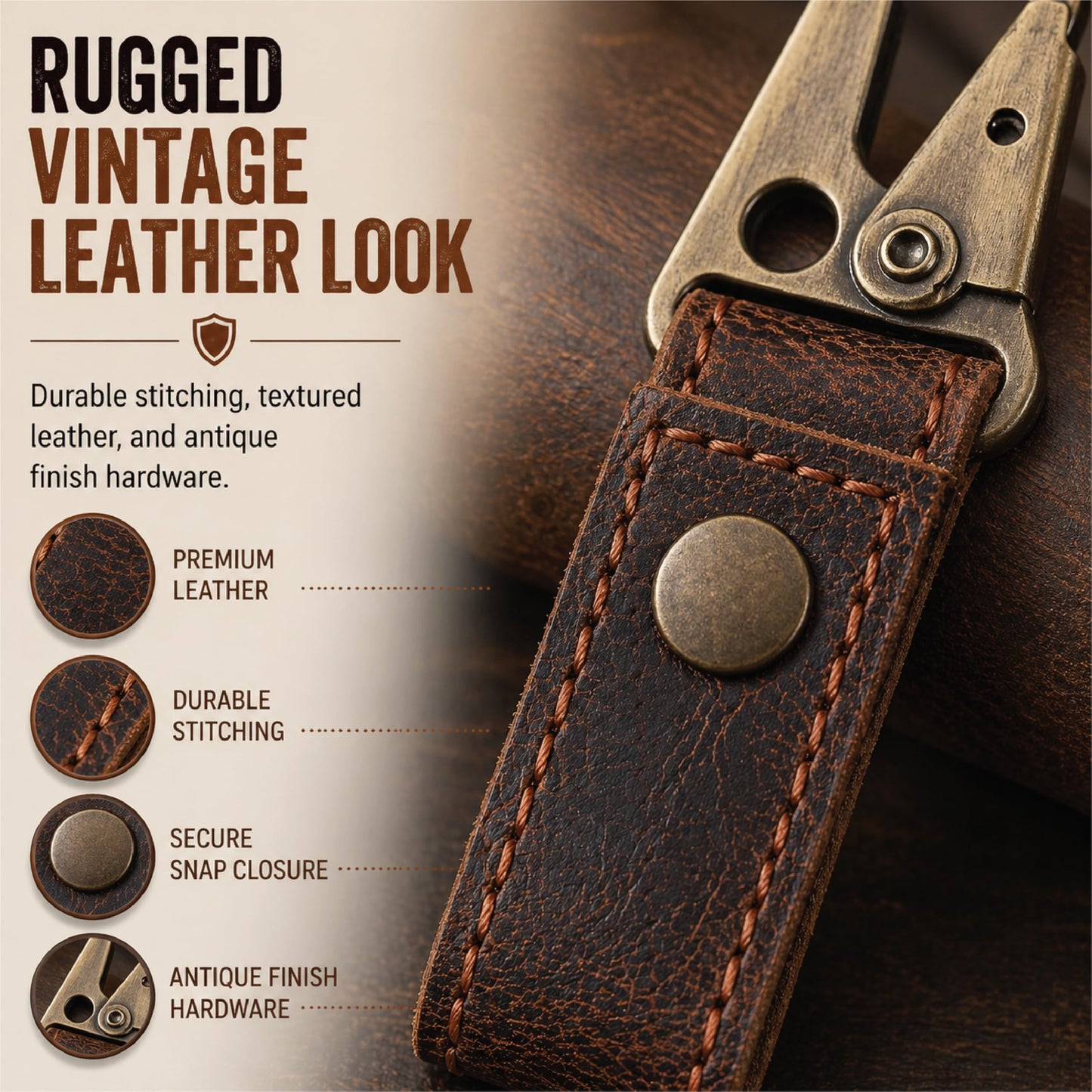 TheAntiq Genuine Leather Key Organizer with Dog Hook - Handmade Key Holder Clip with Snap Strap, Durable Leather Keychain for Belt, Bag & Everyday Carry (Brown)